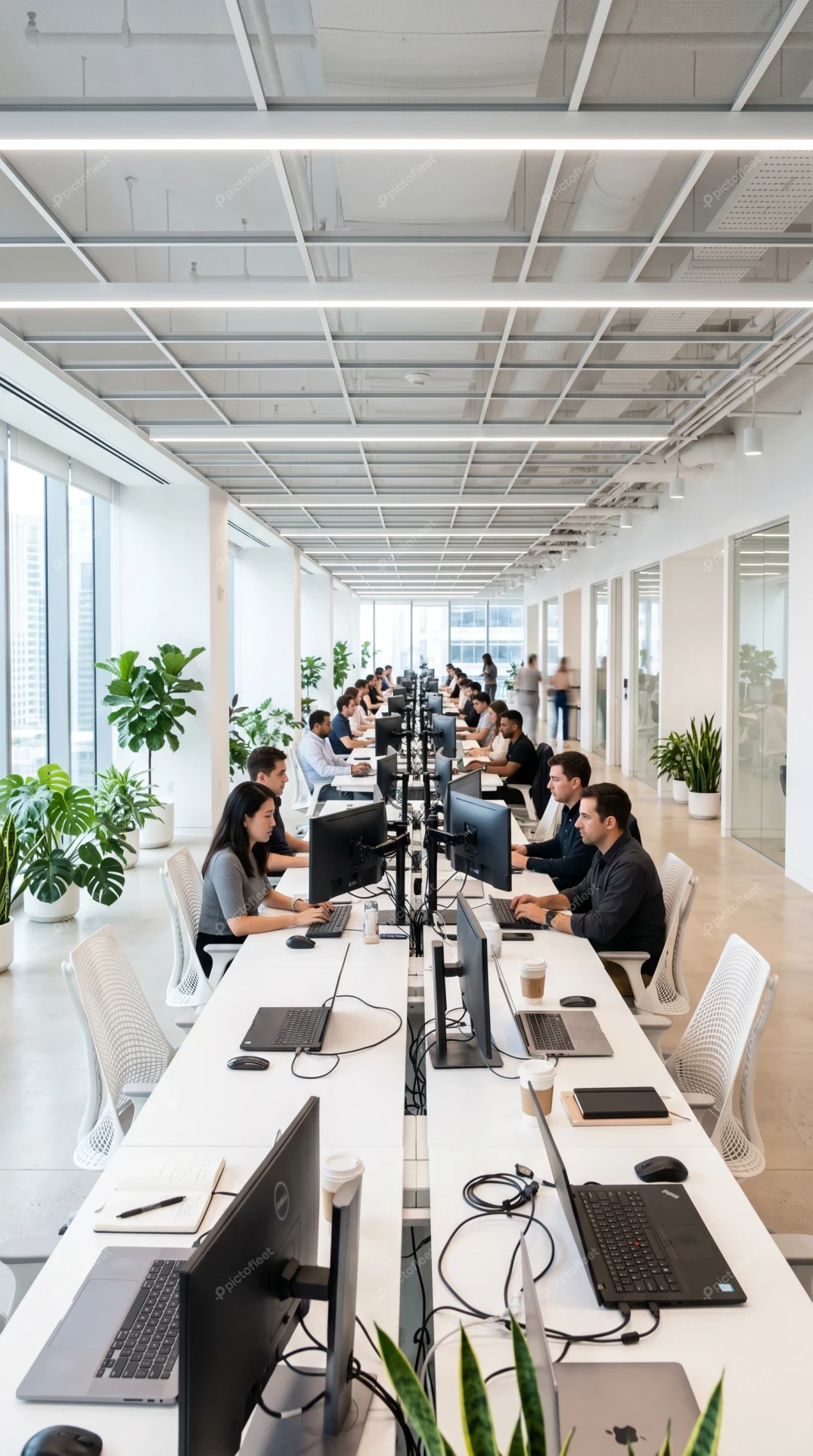 Modern open plan office with people working at desks
