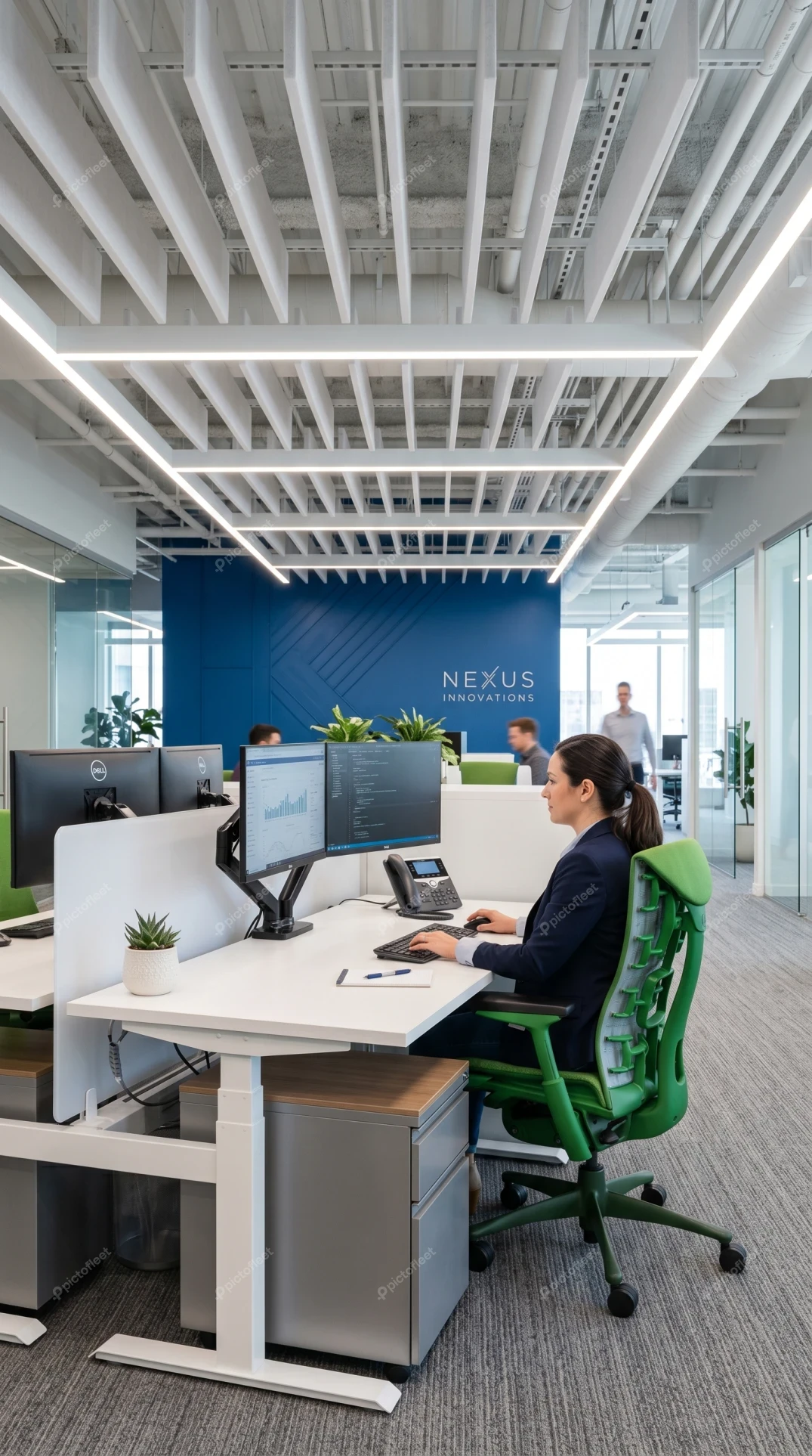 Professional woman working at modern sit-stand desk in office