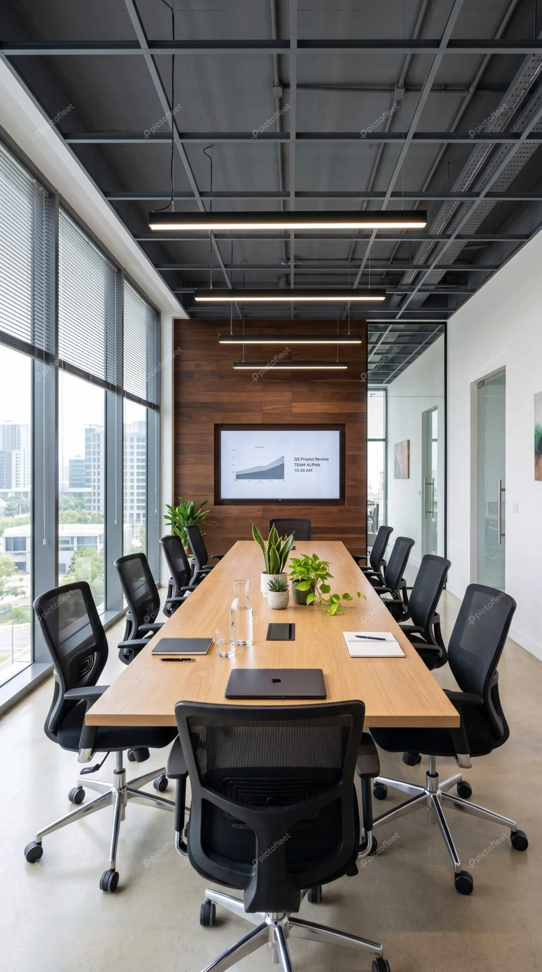 Modern office conference room with wooden table and city view
