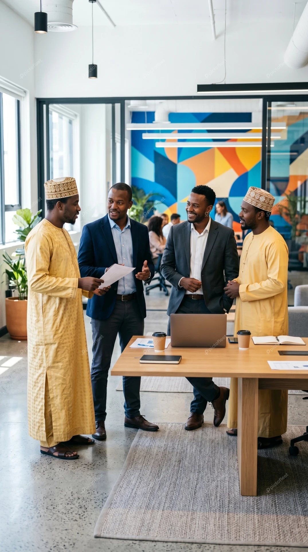 African professionals in traditional and modern clothing meeting in office
