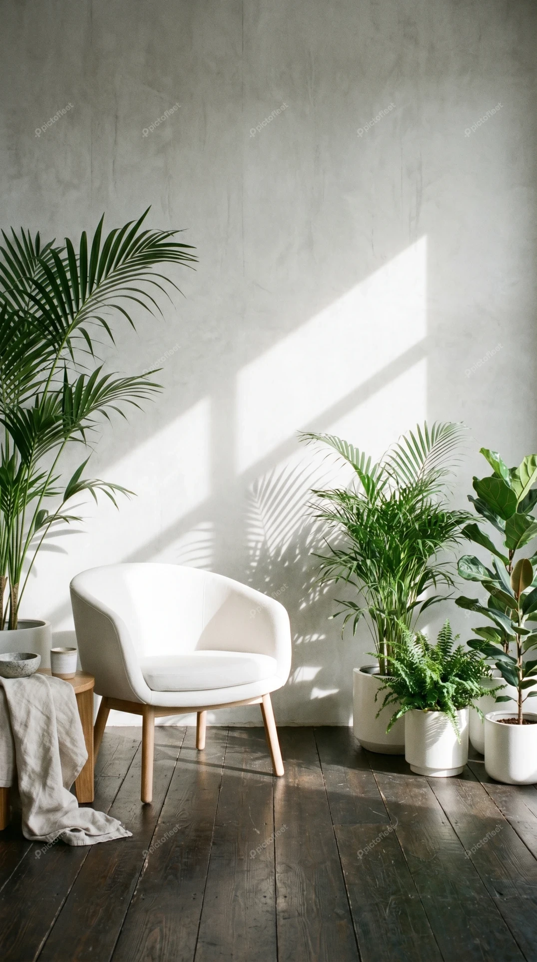 Modern white armchair and potted plants in sunlit room