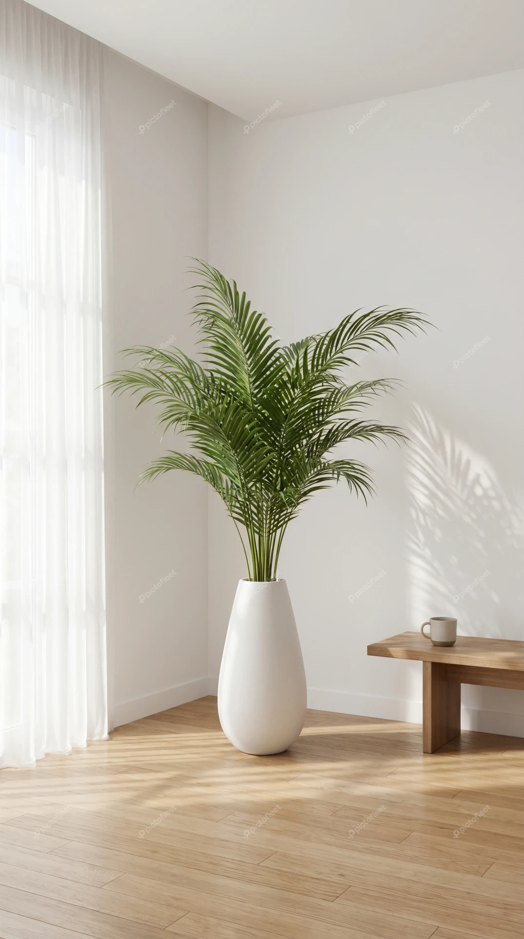 Minimalist interior with green palm plant in white vase