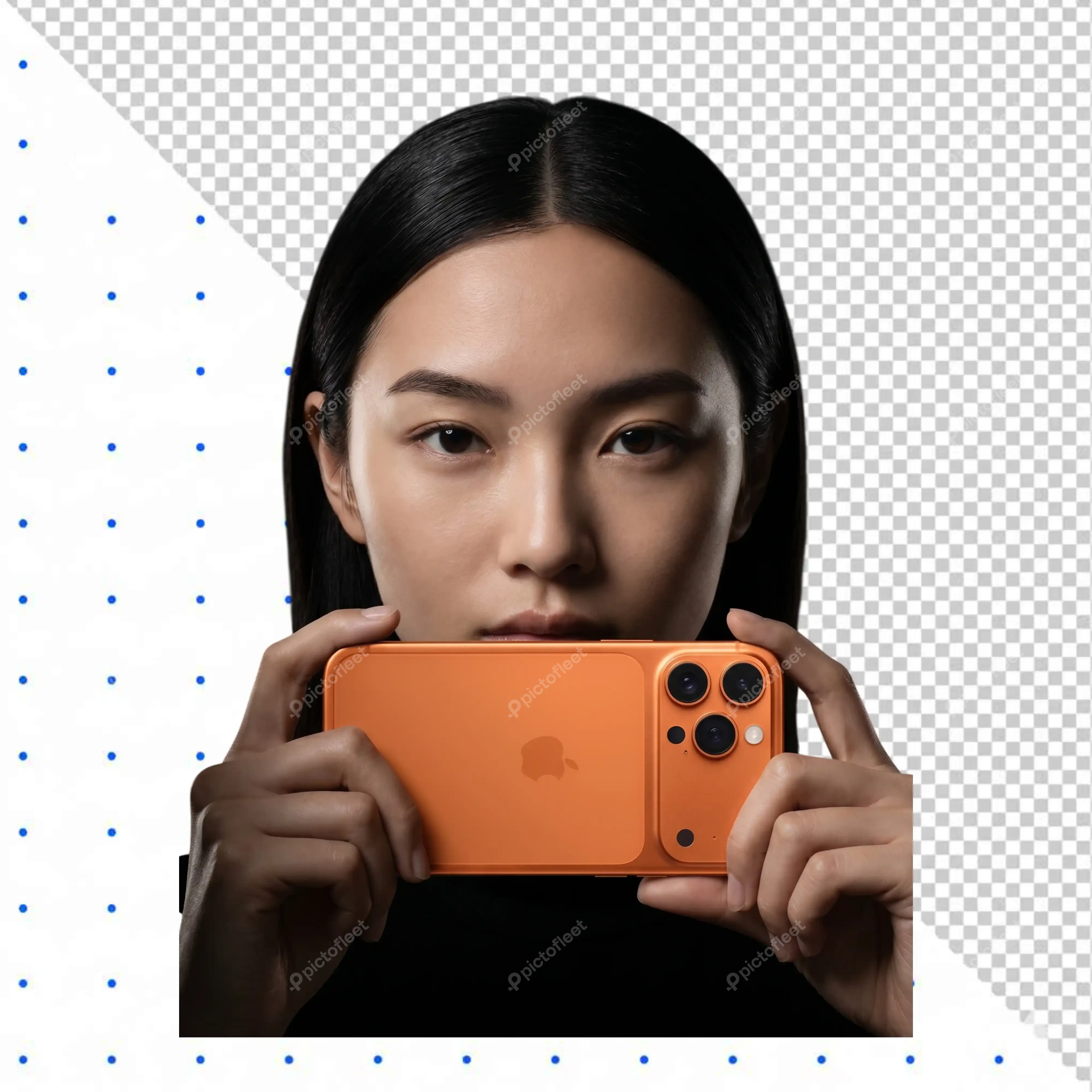 Asian woman holding vibrant orange smartphone on black background PNG Transparent Background