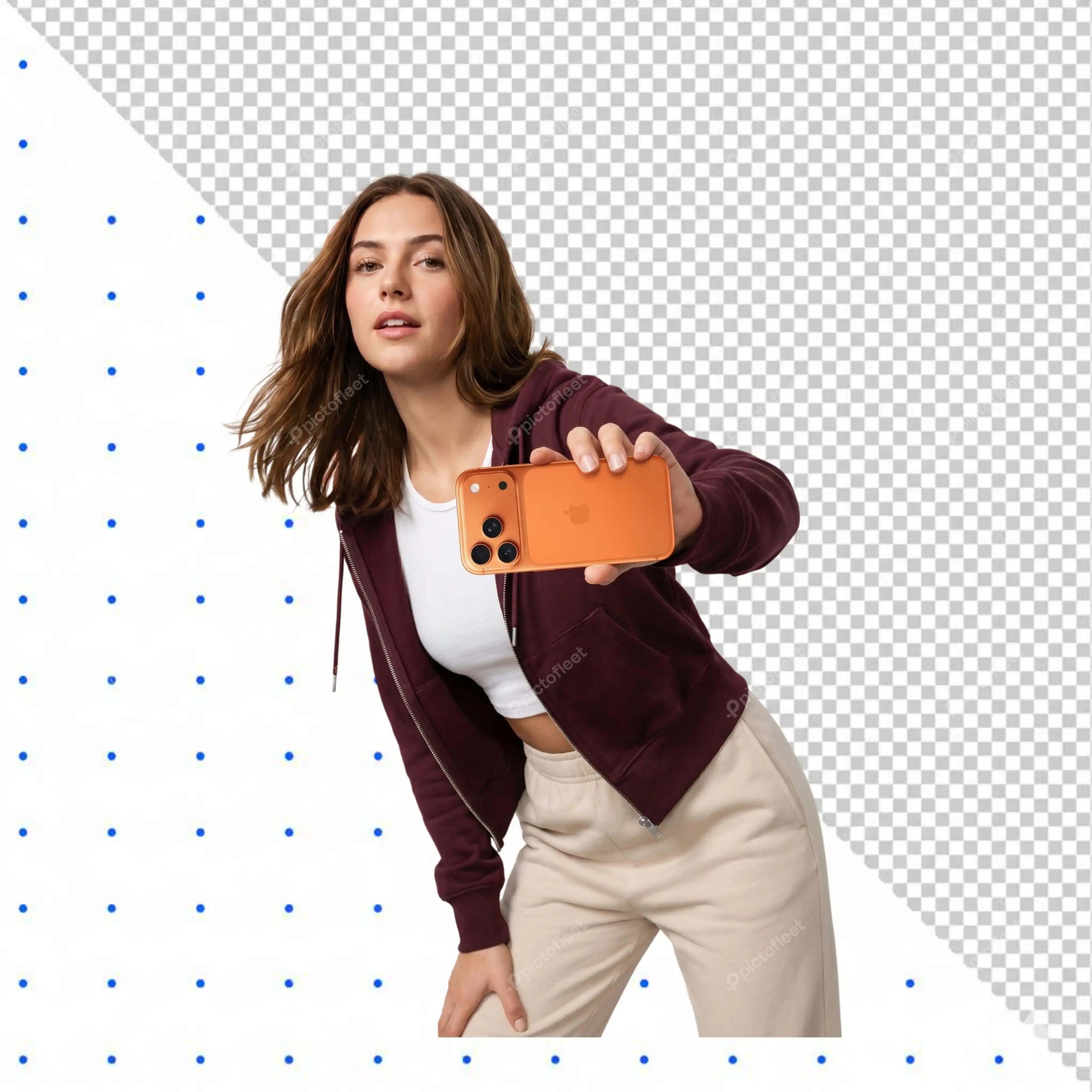 Young woman holding orange smartphone isolated on black background PNG Transparent Background