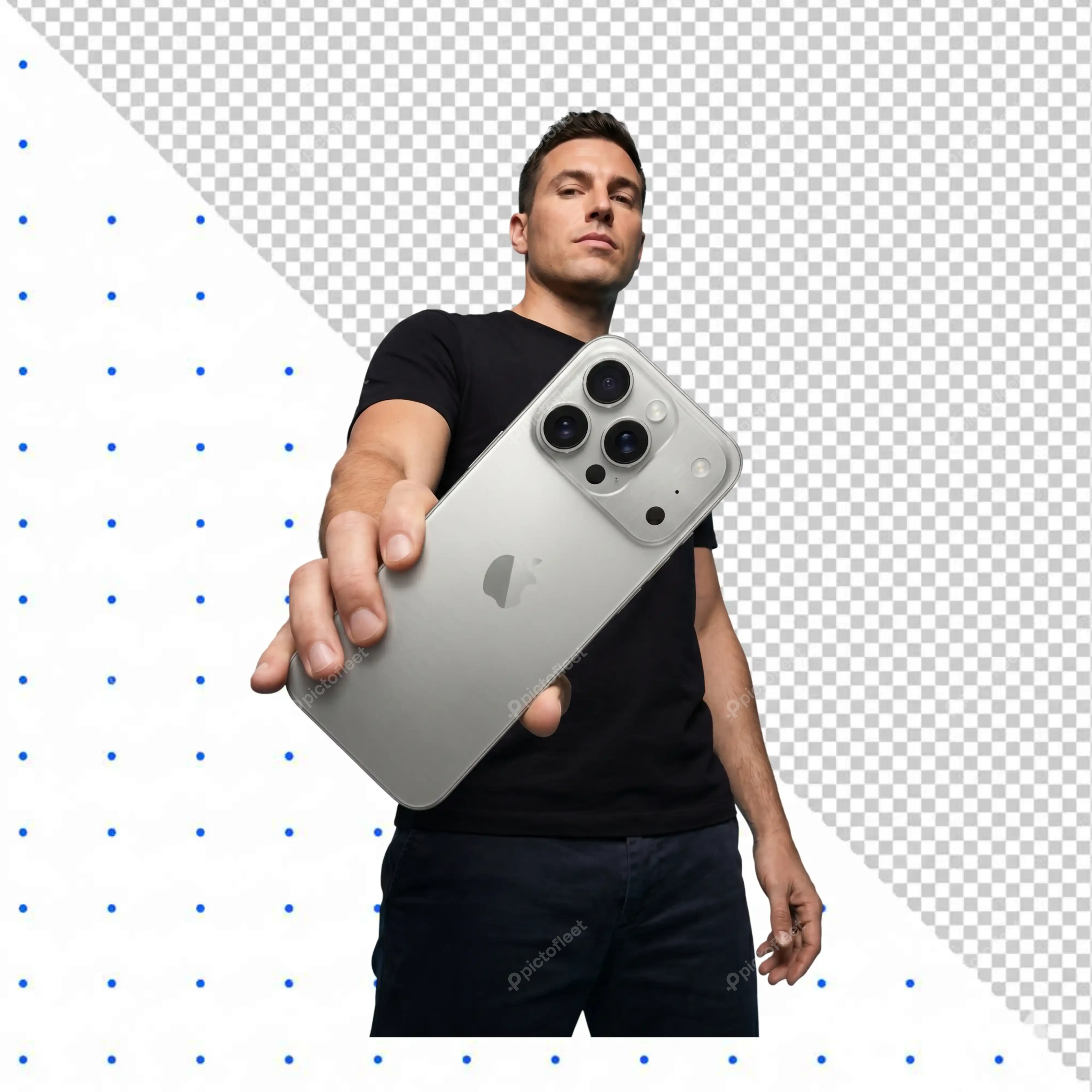 Man holding modern silver smartphone on black background PNG Transparent Background