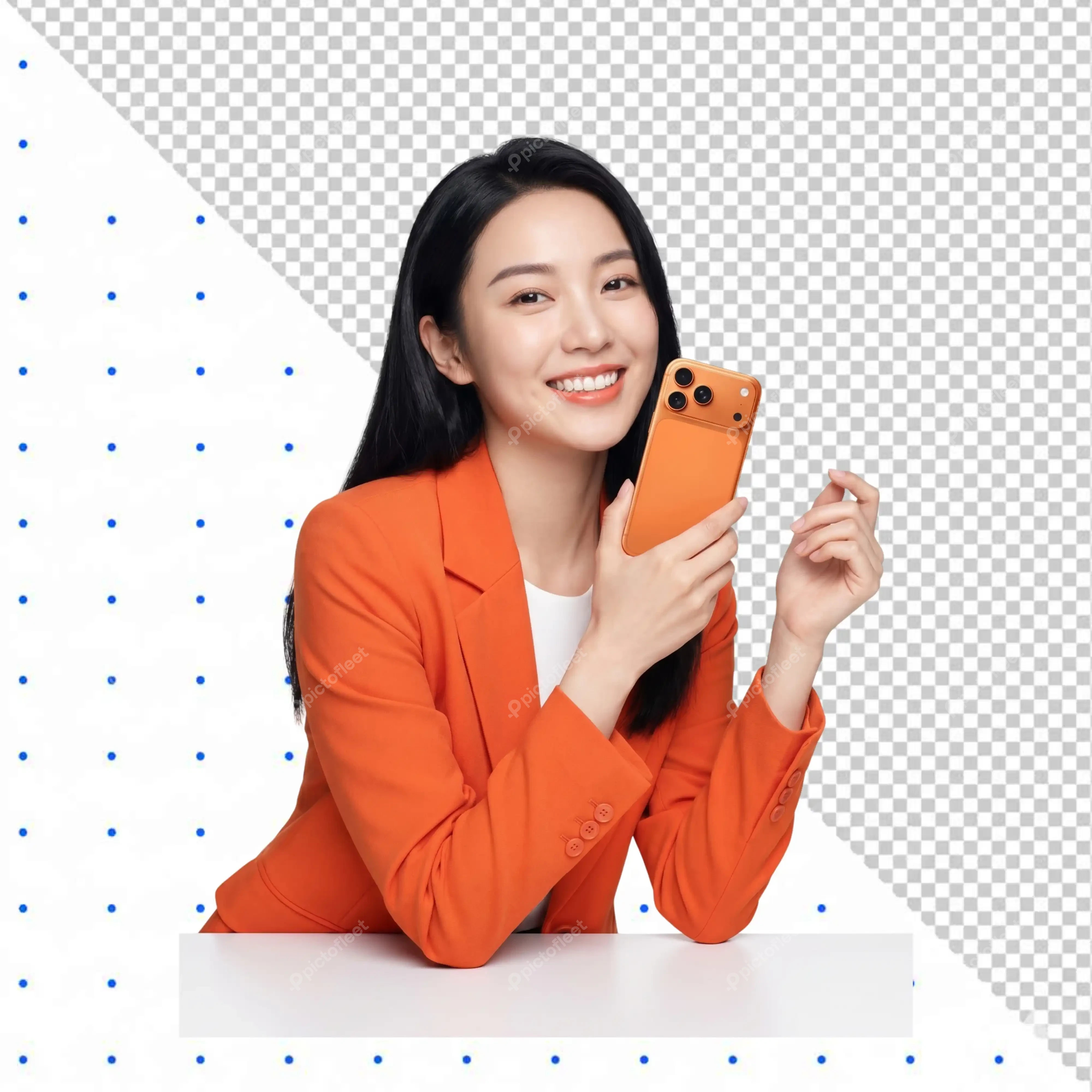 Smiling young woman in orange blazer holding smartphone PNG Transparent Background