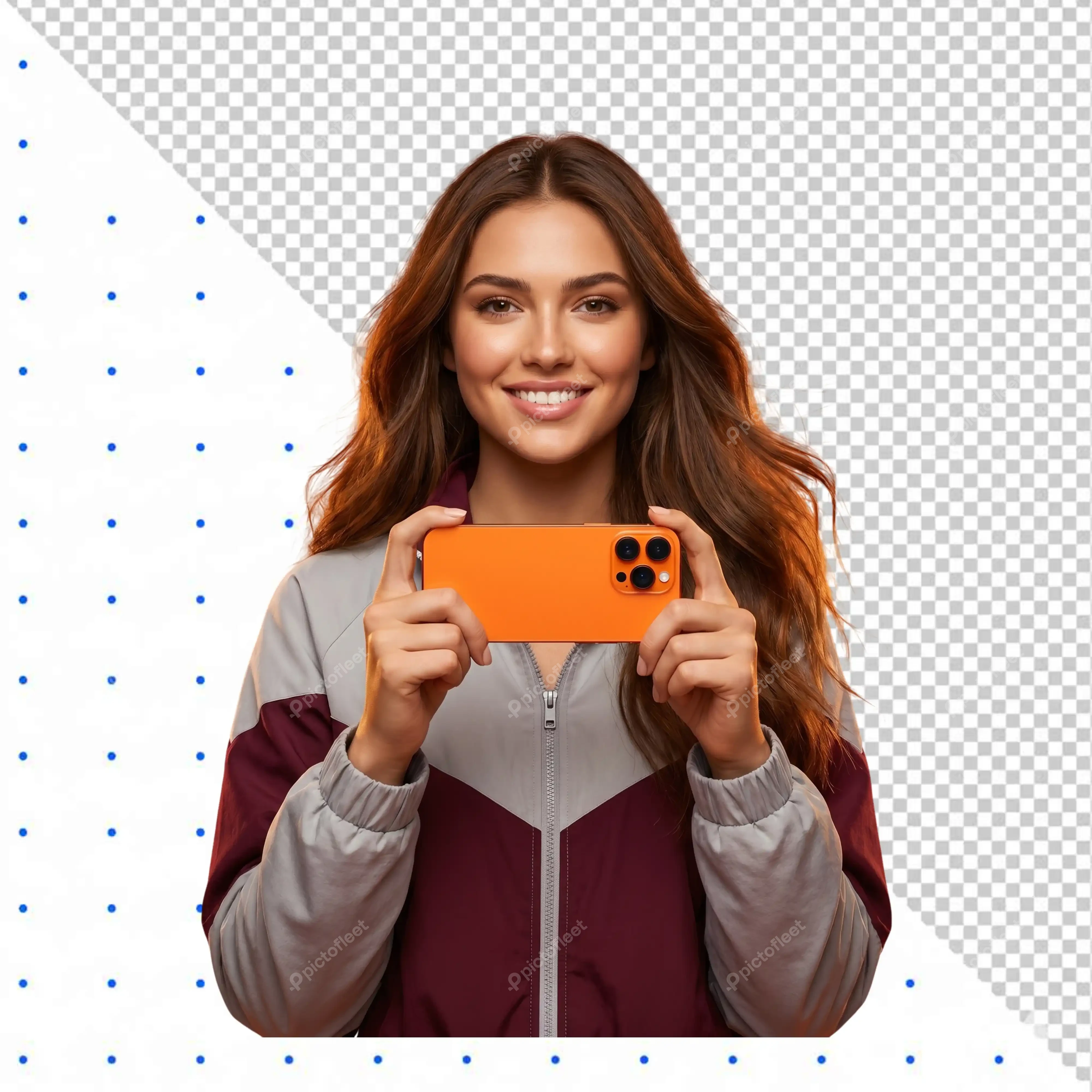 Smiling woman holding an orange smartphone horizontally PNG Transparent Background