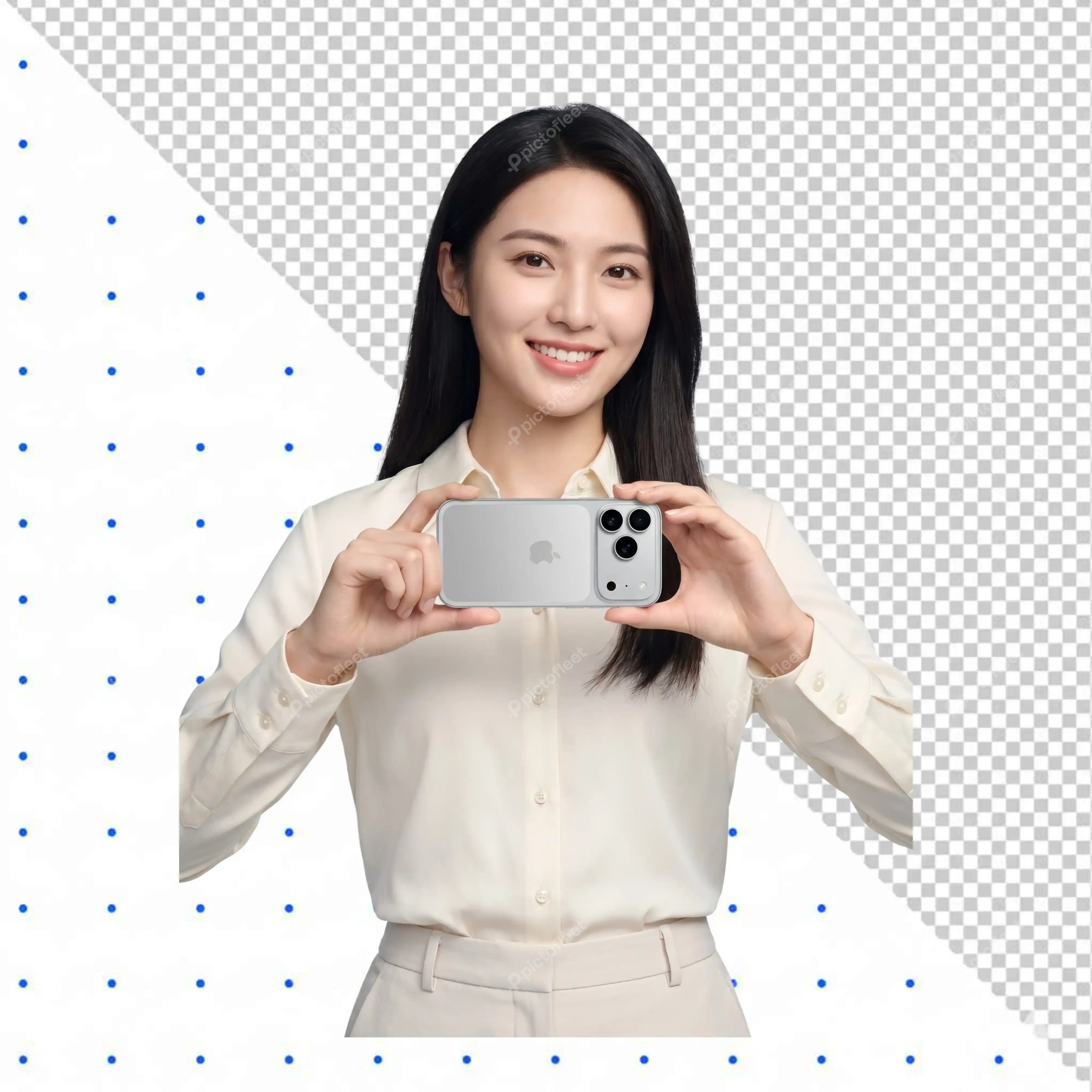 Young smiling woman holding a modern smartphone horizontally PNG Transparent Background