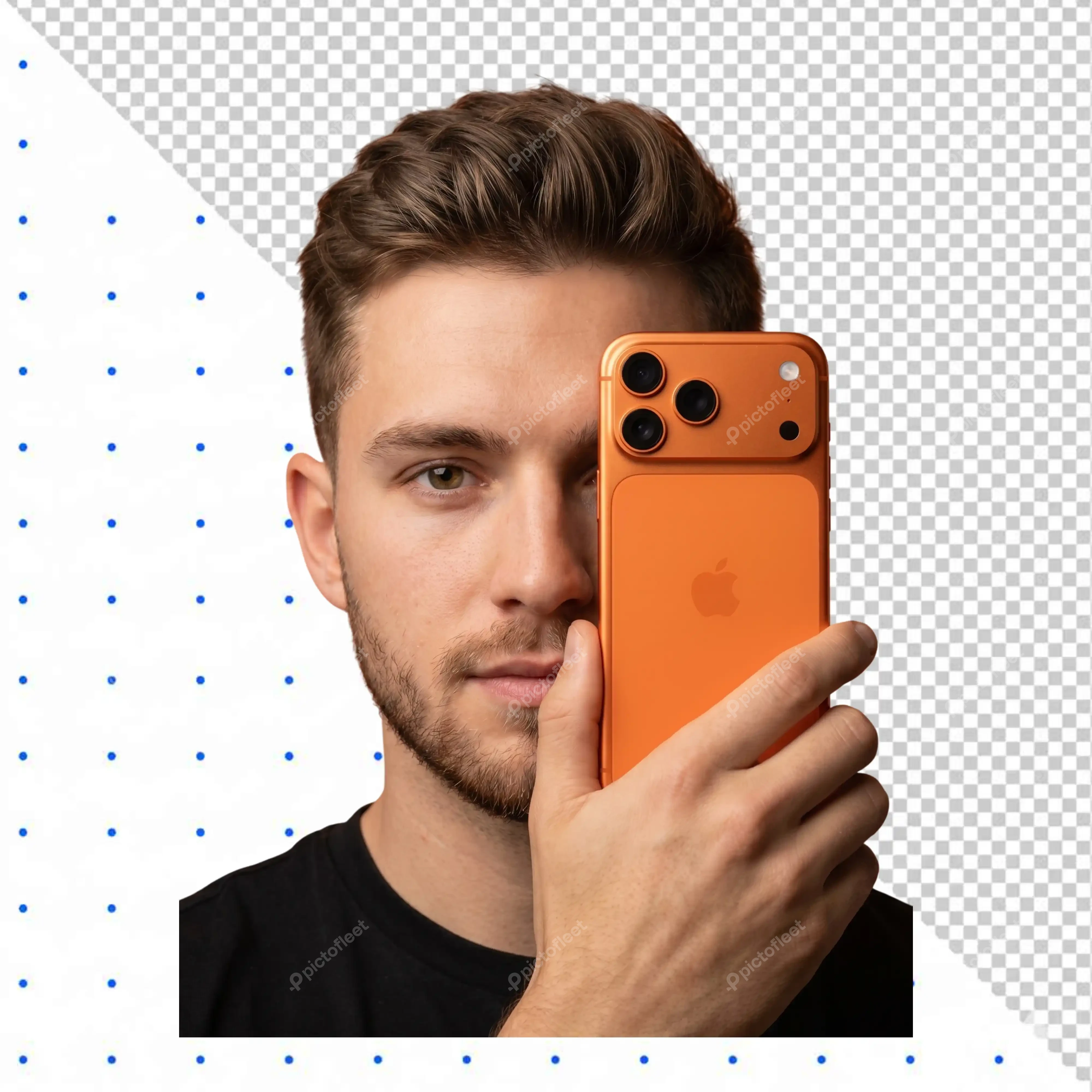 Young man holding orange smartphone in front of face PNG Transparent Background