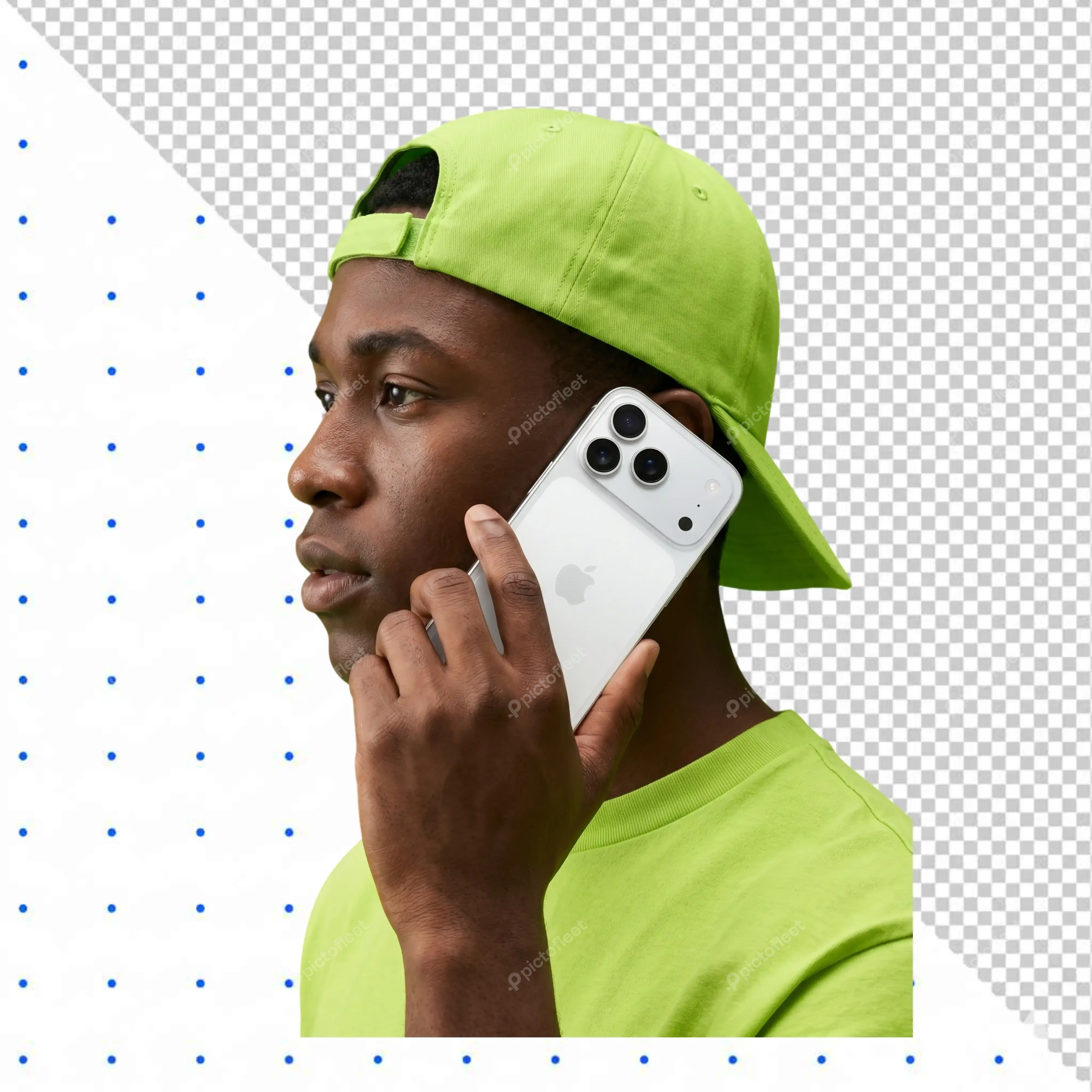 Young man in lime green cap using a smartphone PNG Transparent Background