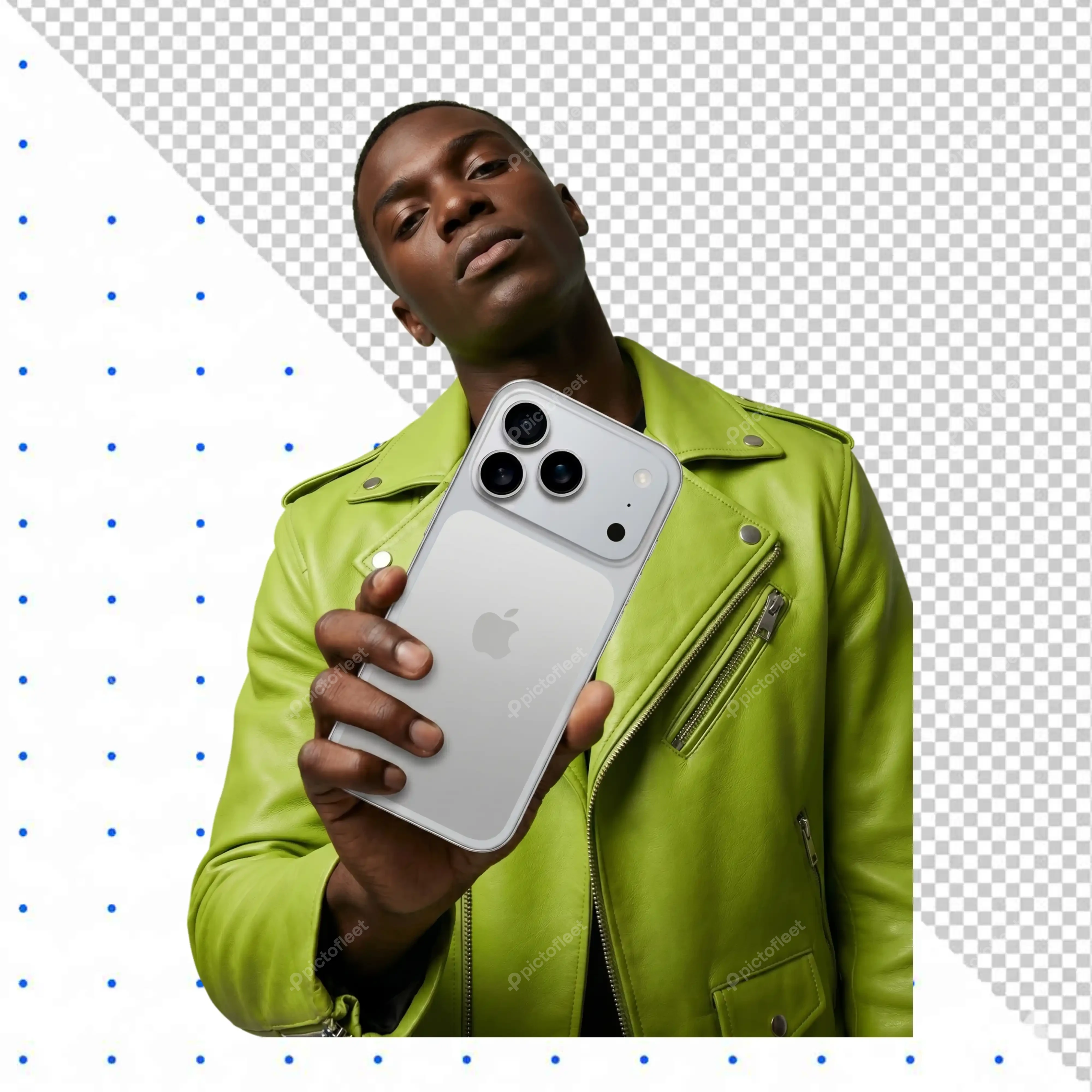 Man in lime green leather jacket holding white smartphone PNG Transparent Background