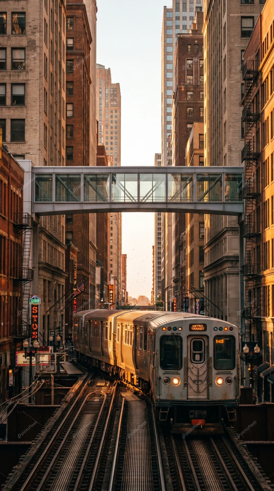 Chicago L train on elevated tracks between city buildings