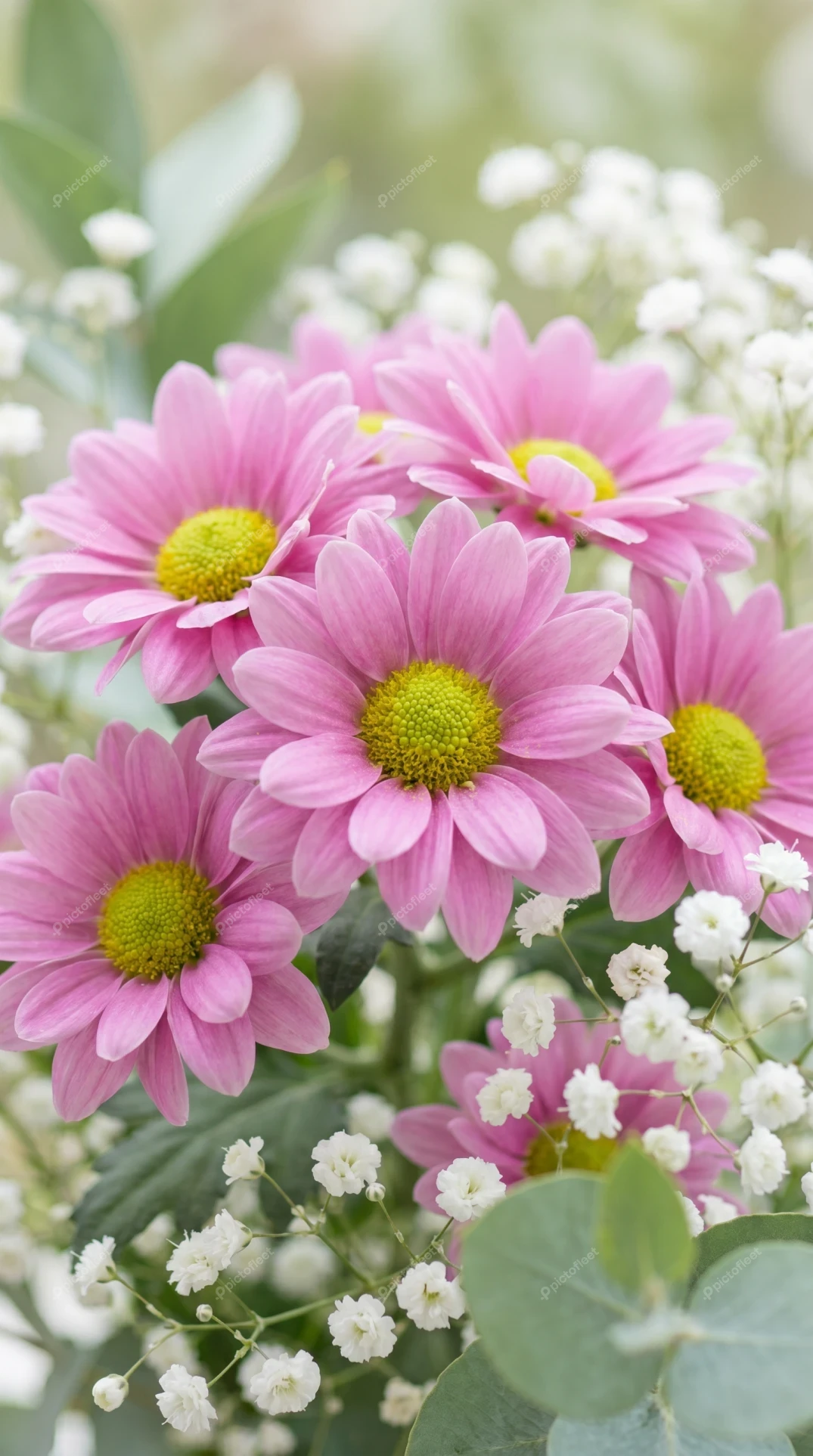 Close-up of pink chrysanthemum flowers and baby's breath bouquet