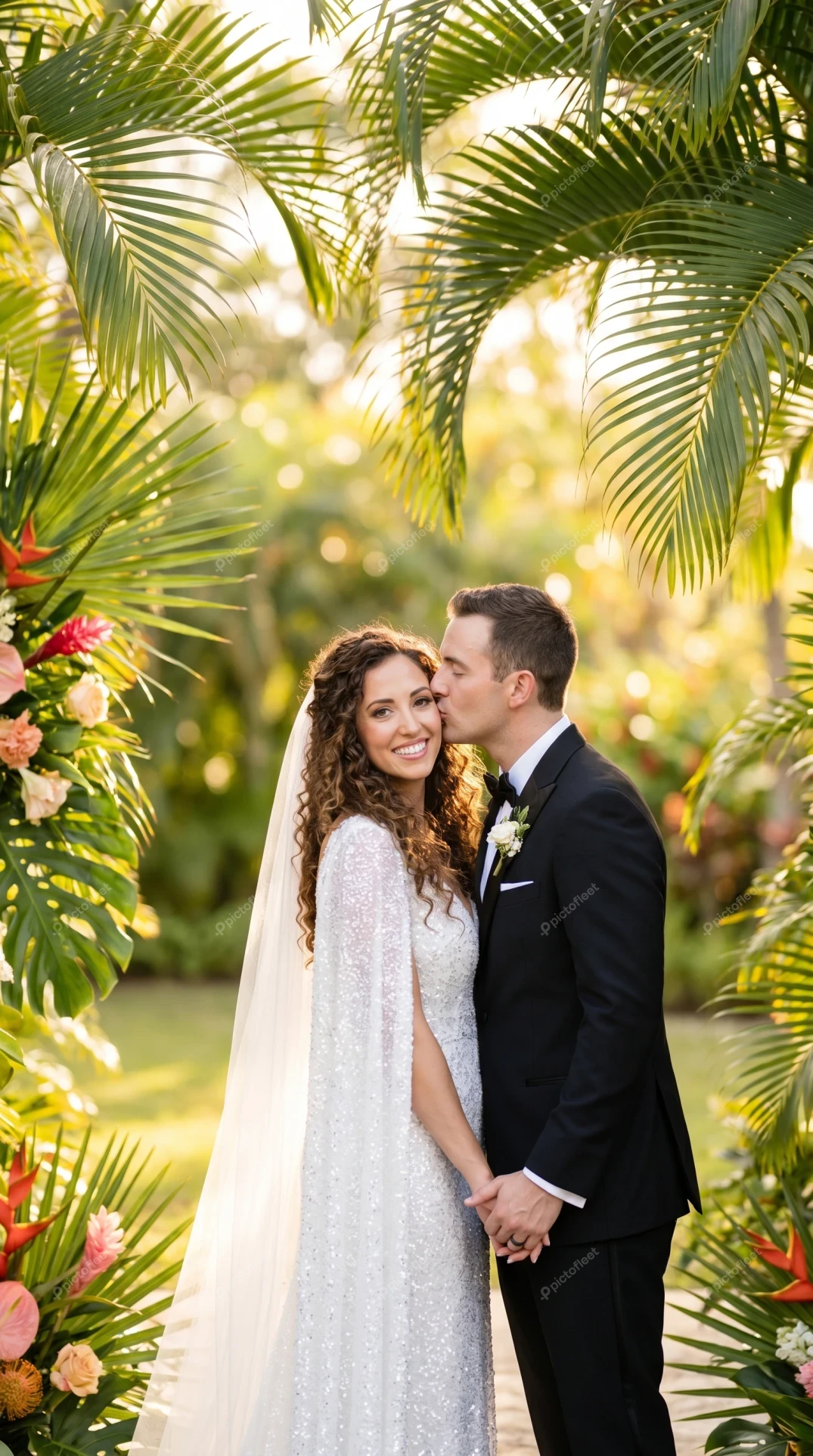 Groom kissing bride's cheek at a tropical outdoor wedding