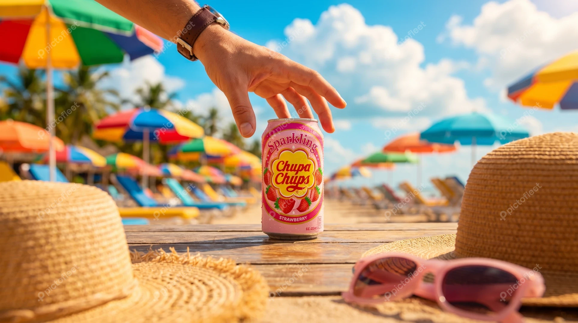 Man reaching for strawberry soda can on a sunny beach
