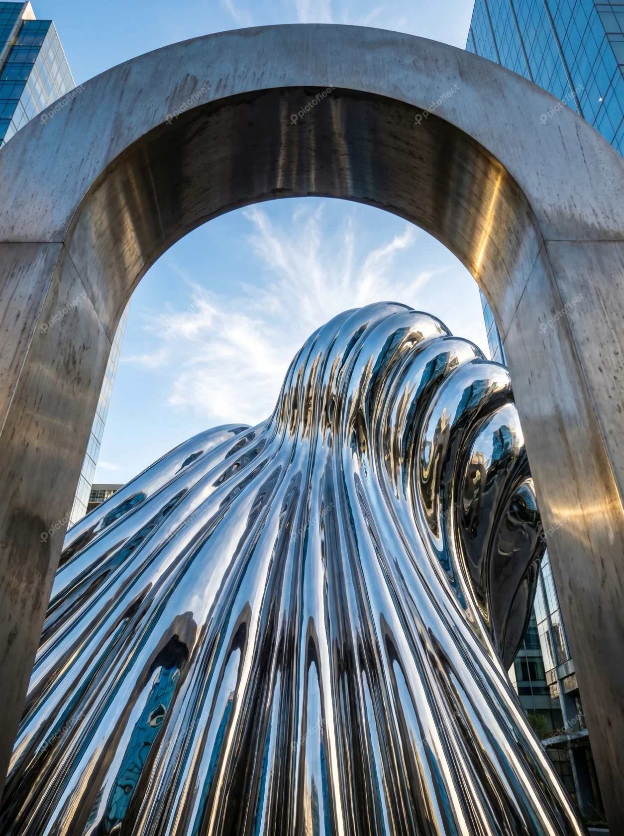 Modern stainless steel sculpture framed by arch in urban setting