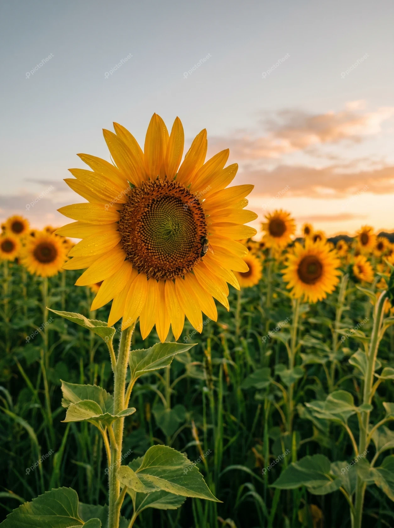Large sunflower head in a field at sunset