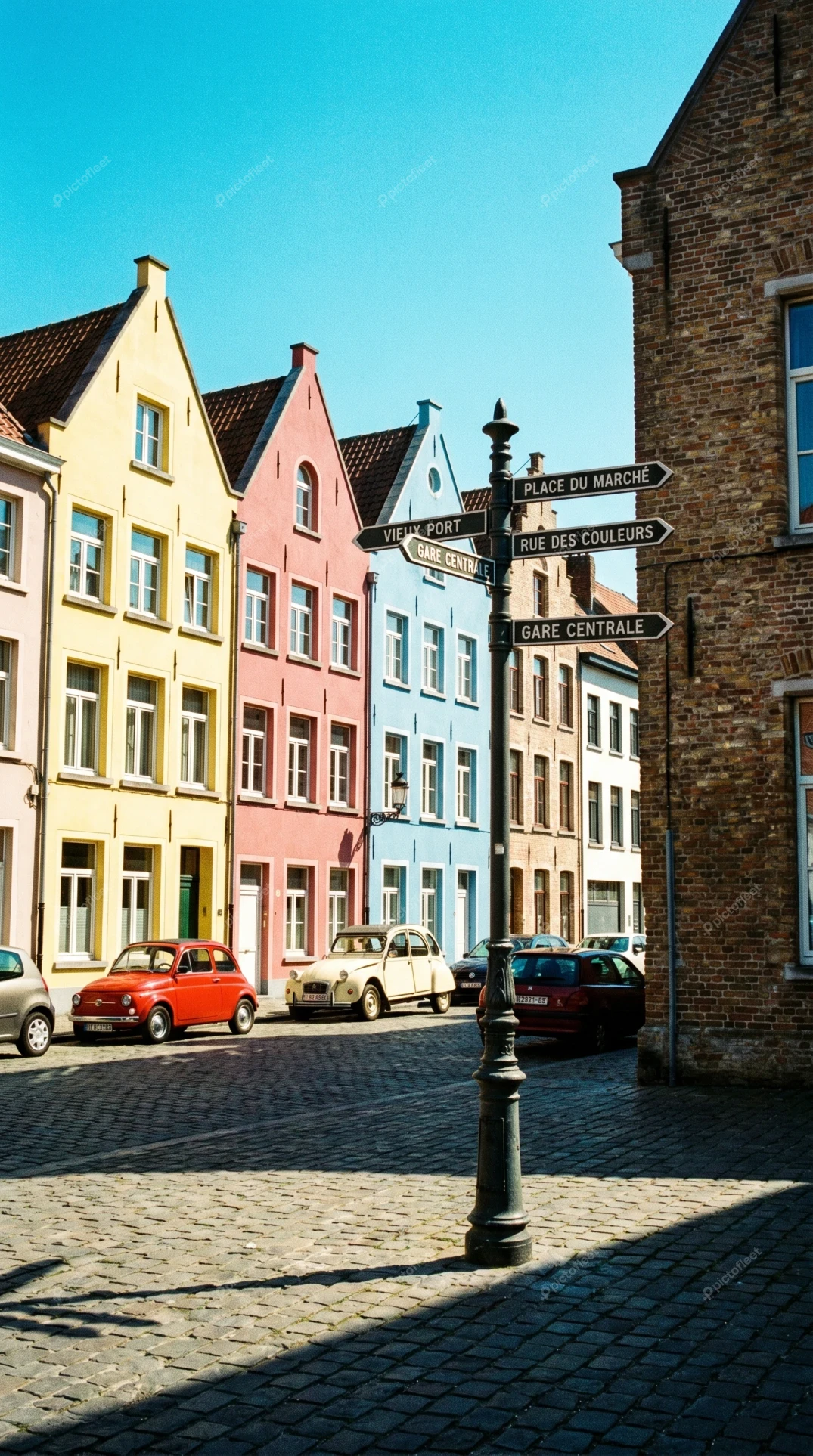 Colorful houses and vintage cars on a cobblestone street