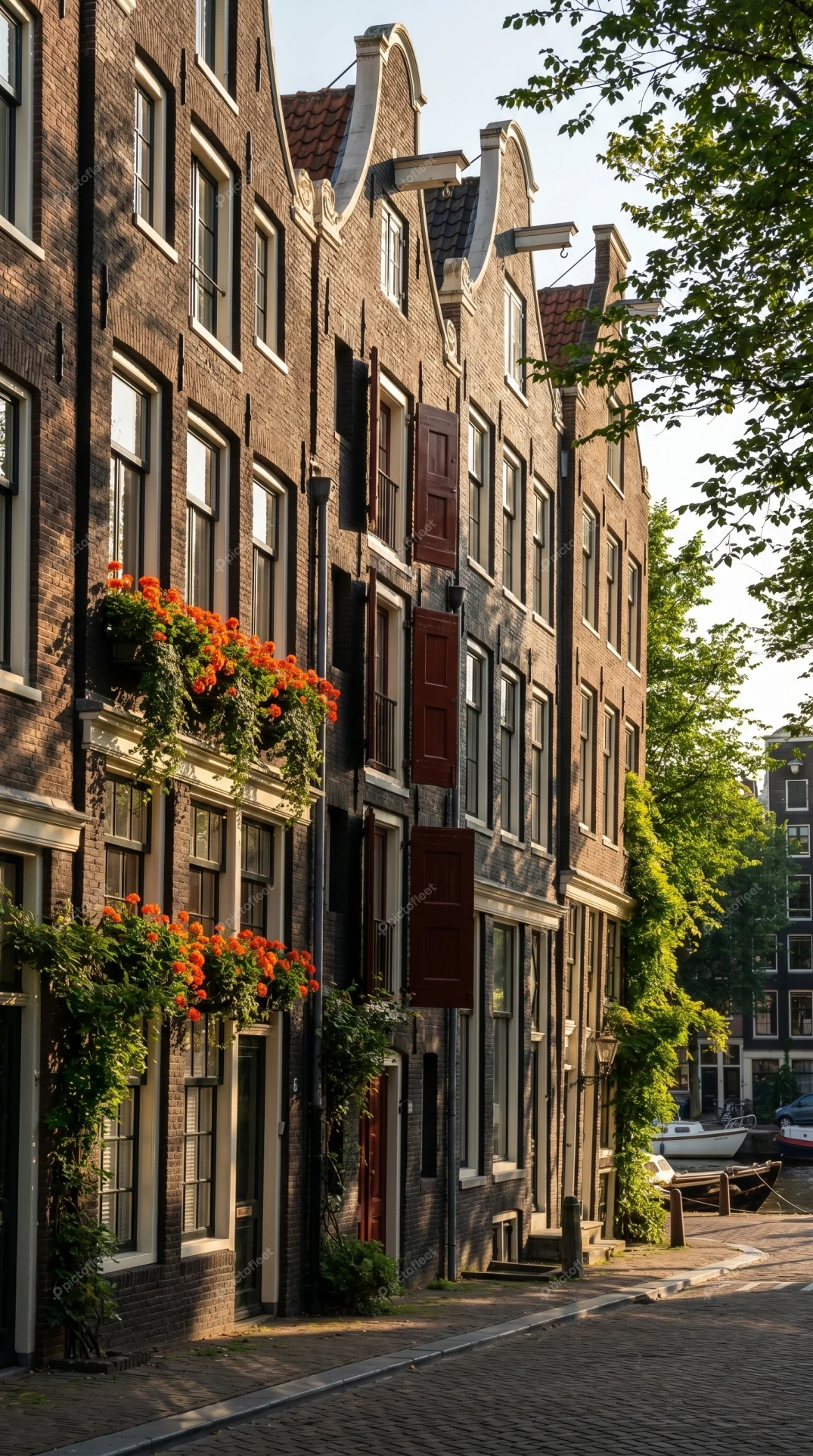 Traditional canal houses in Amsterdam with colorful flower boxes
