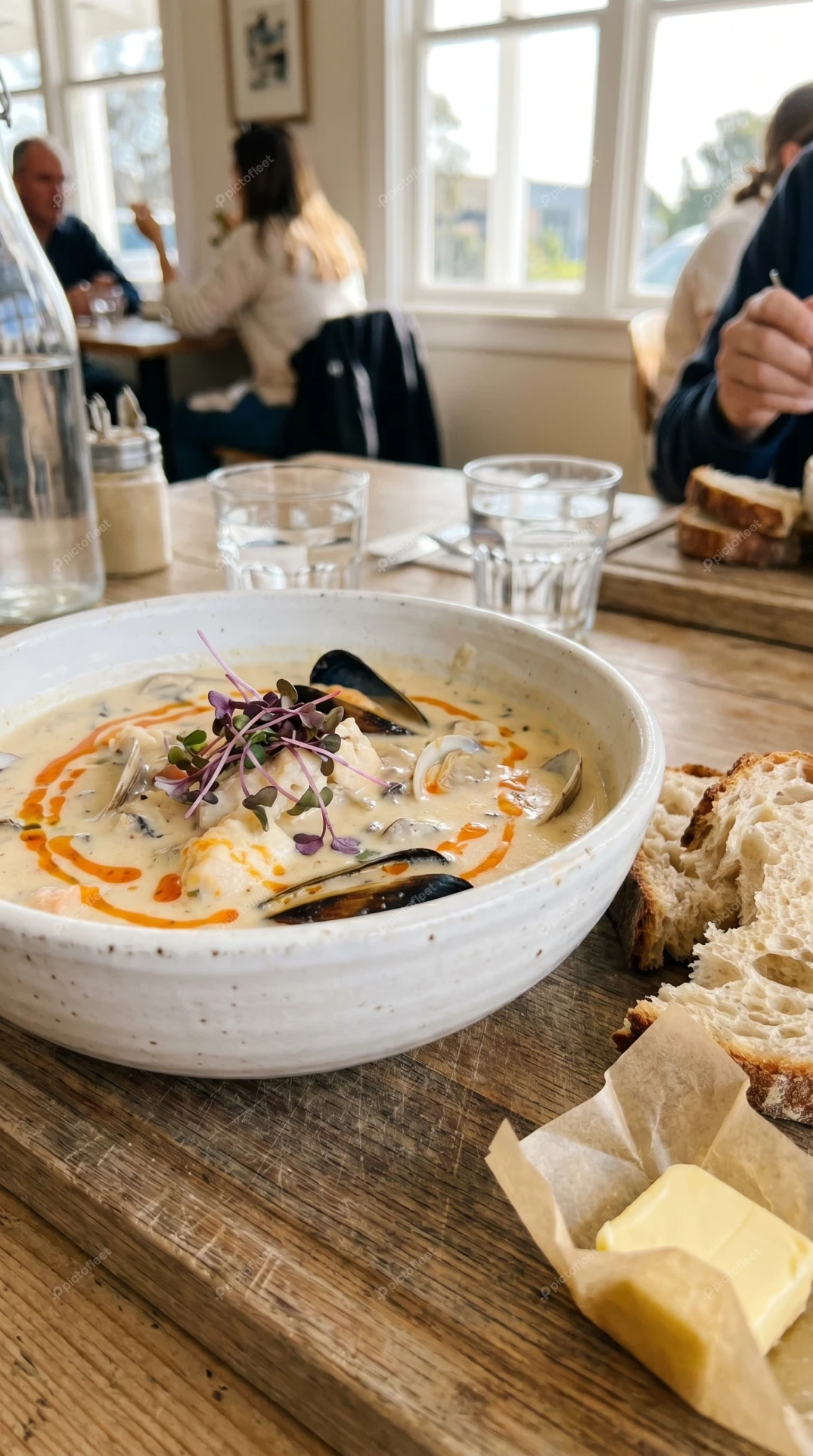 Creamy seafood chowder with mussels and sourdough bread