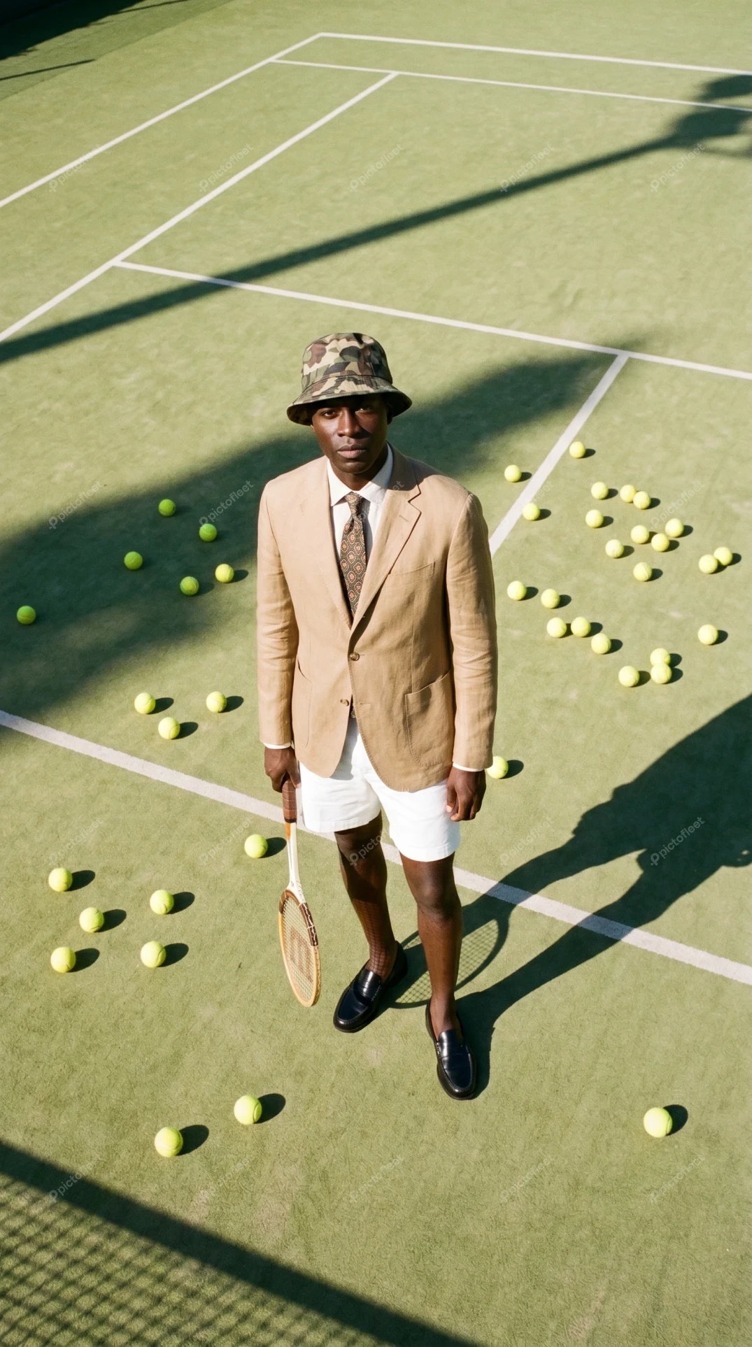 Stylish man in blazer and bucket hat on tennis court