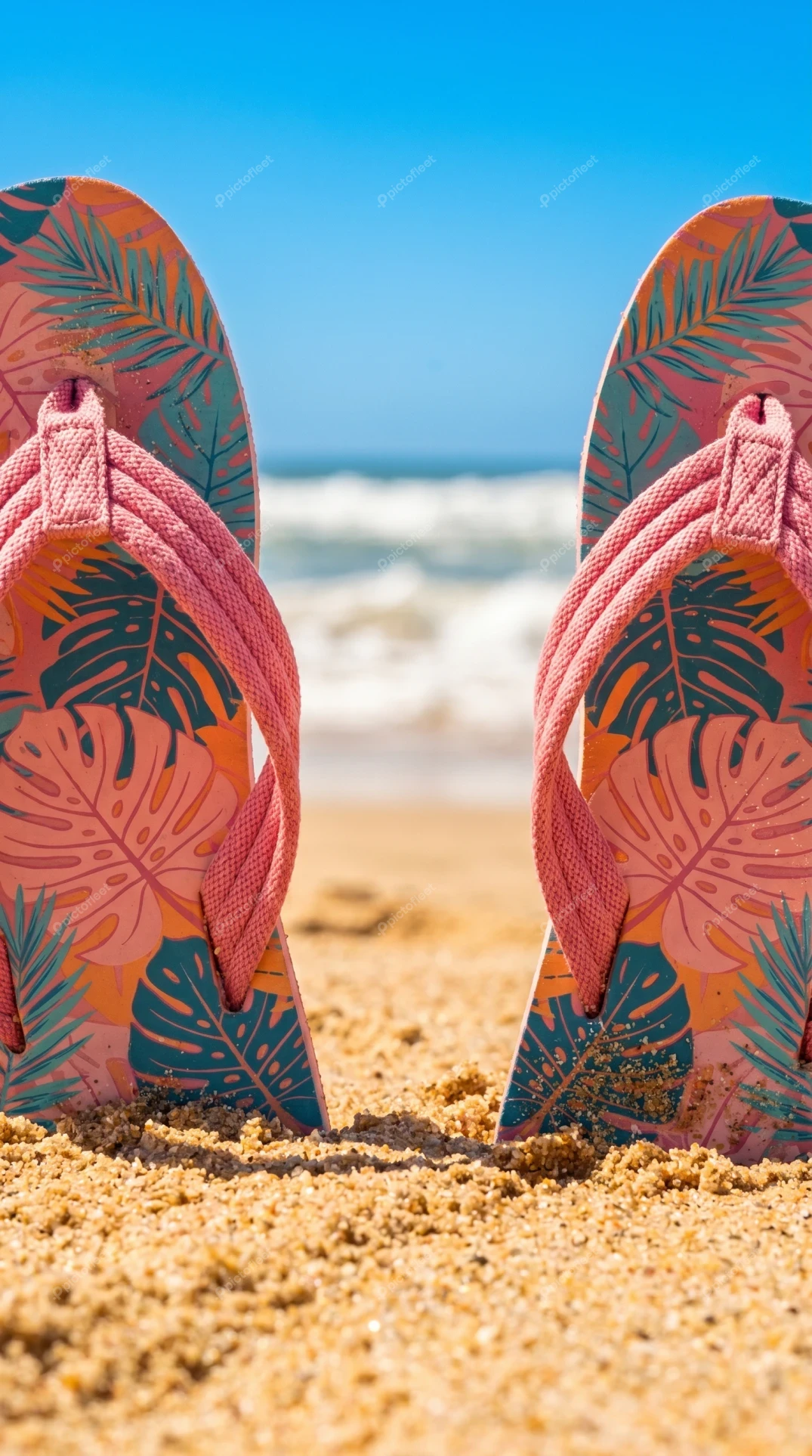 Pink tropical flip-flops stuck in sand on a beach