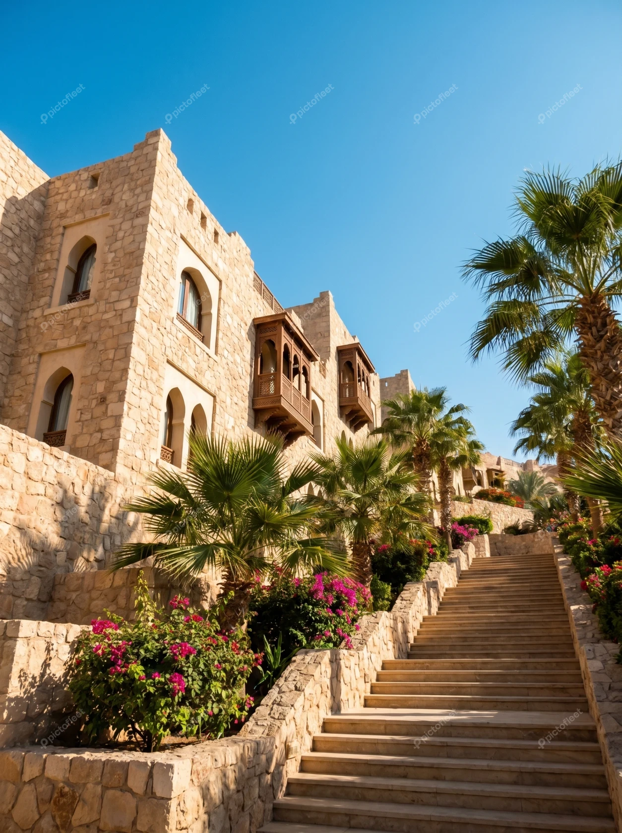 Traditional stone architecture at a tropical resort with stairs