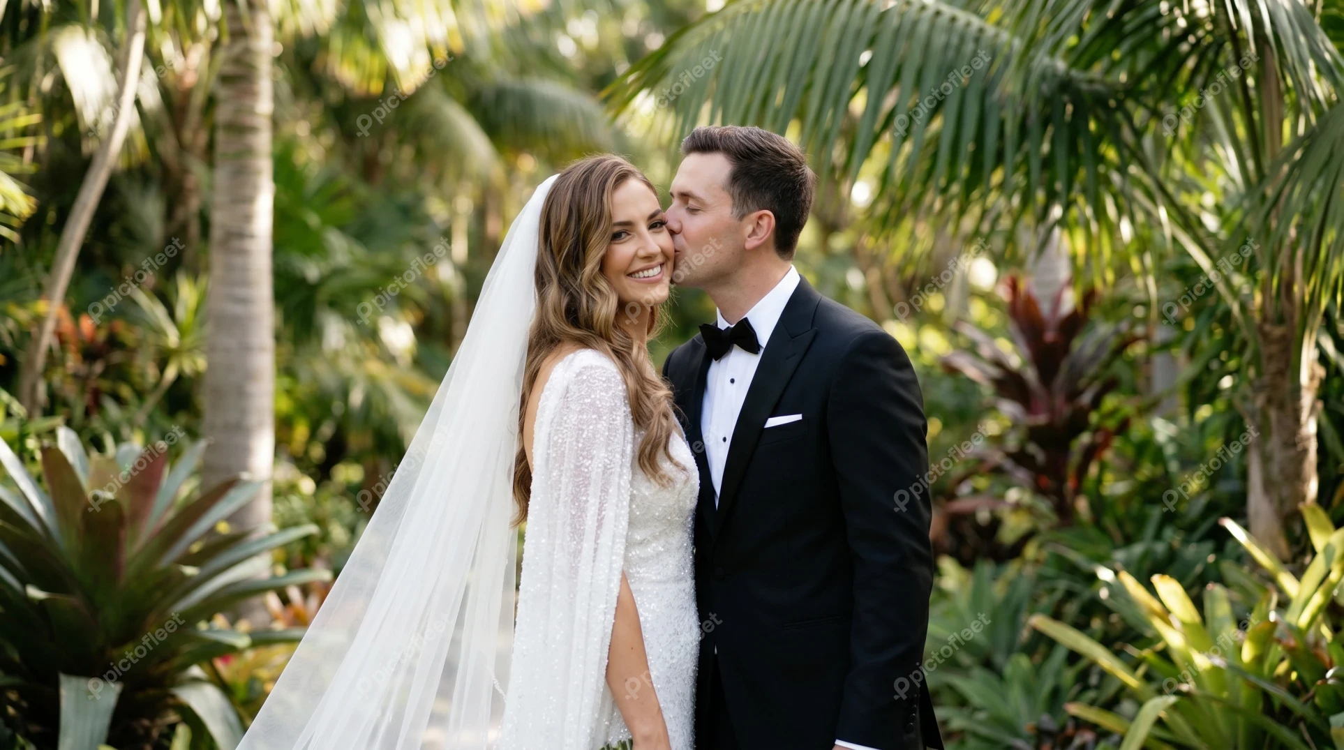 Groom kissing bride on cheek in a lush tropical garden
