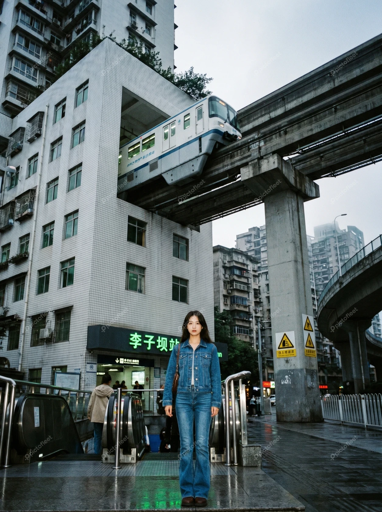 Woman in denim at Liziba monorail station in Chongqing