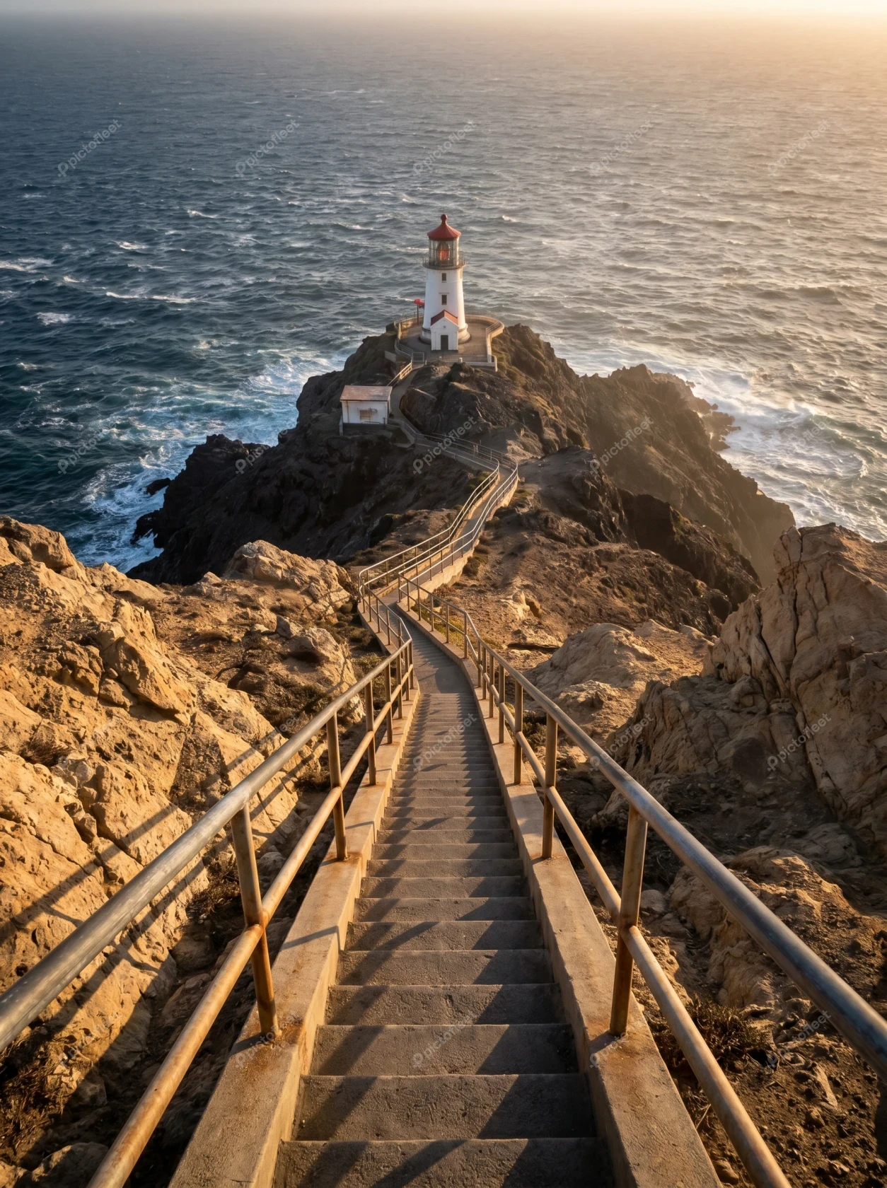 Point Reyes Lighthouse with long staircase on a rocky cliff