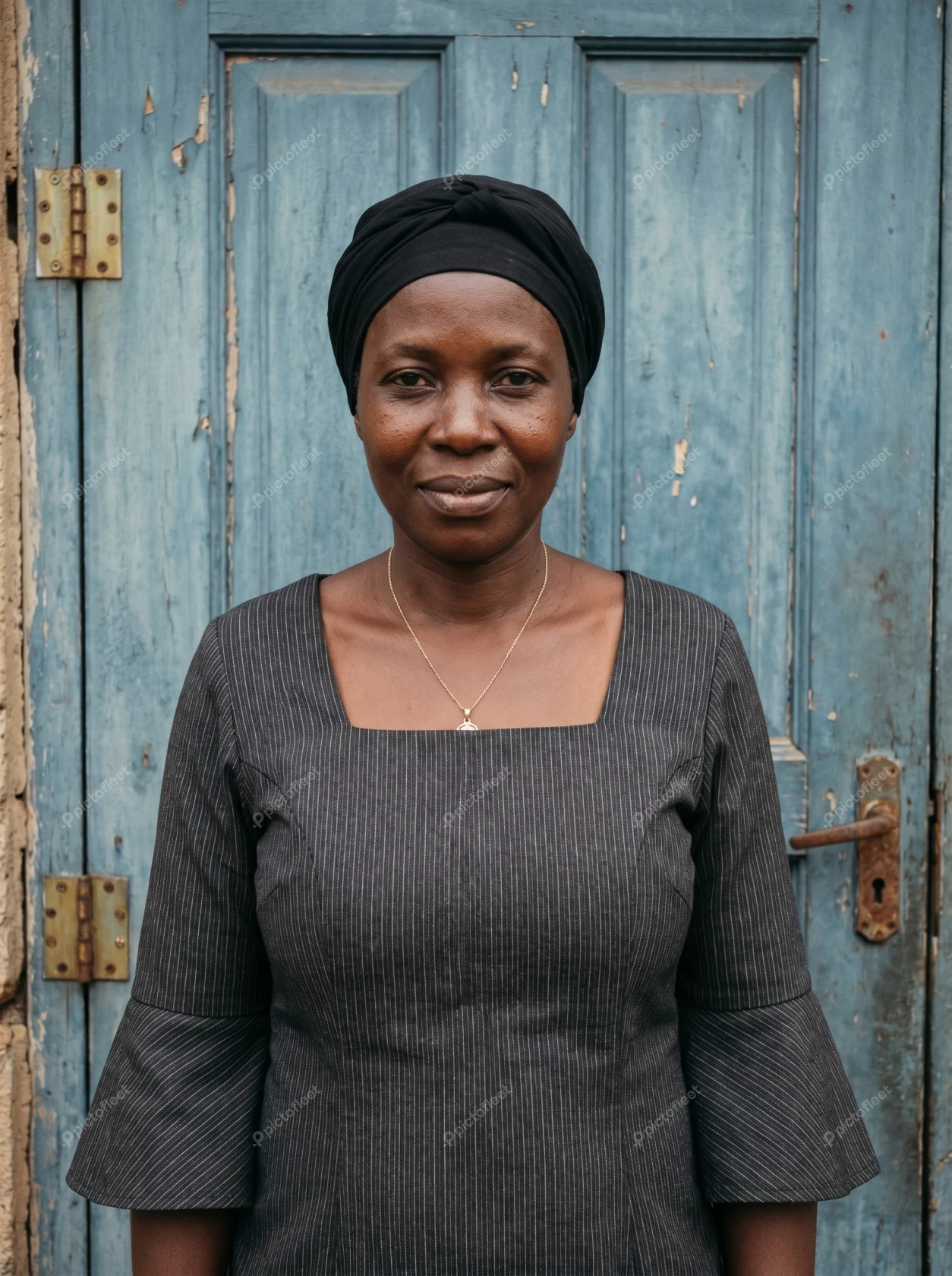 African woman in headwrap standing before a blue door