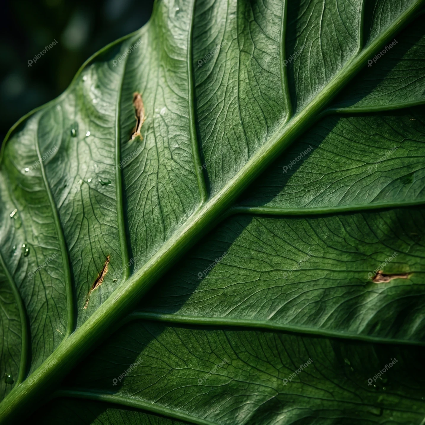 Close-up of a large green leaf with detailed veins
