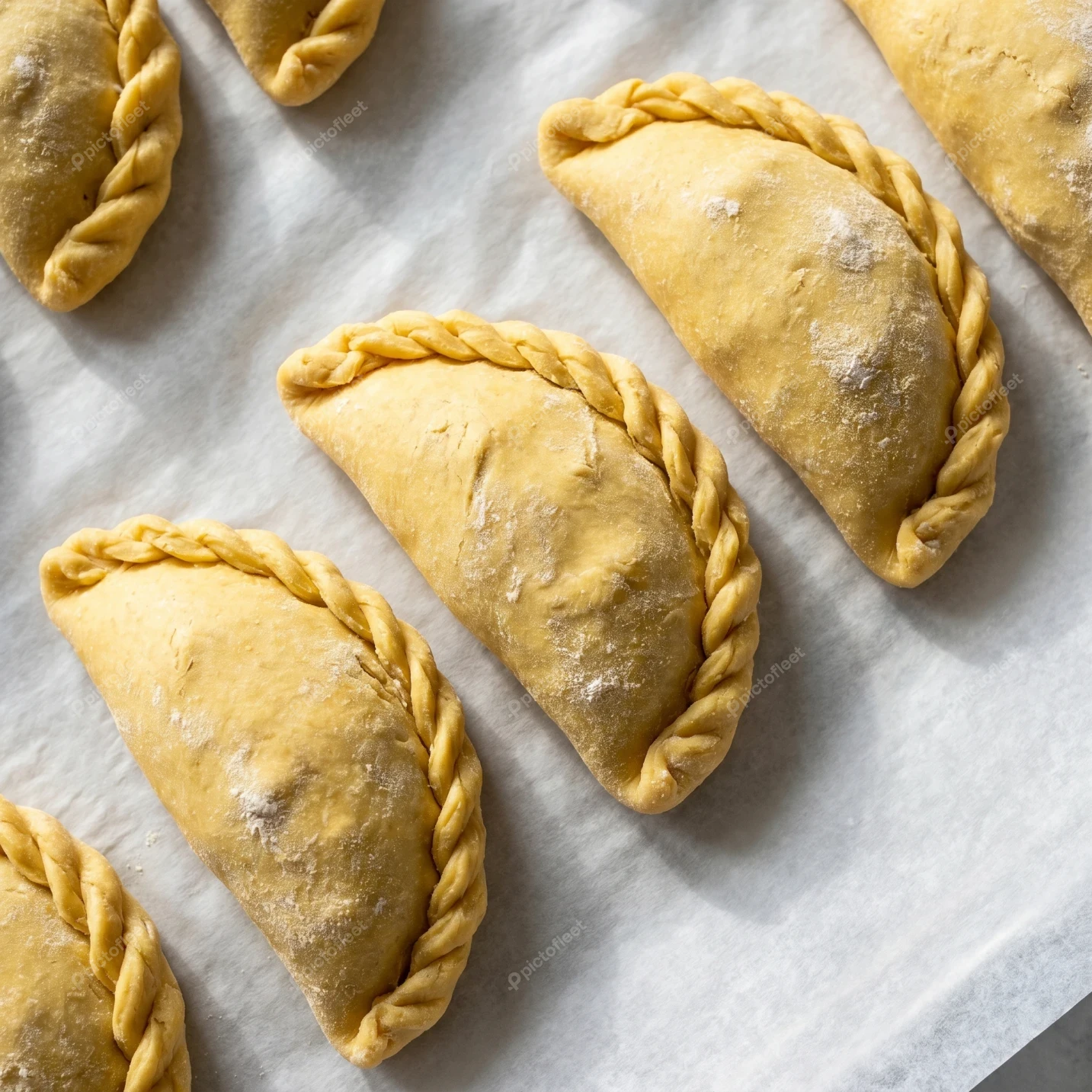 Unbaked handmade empanadas with braided edges on parchment paper