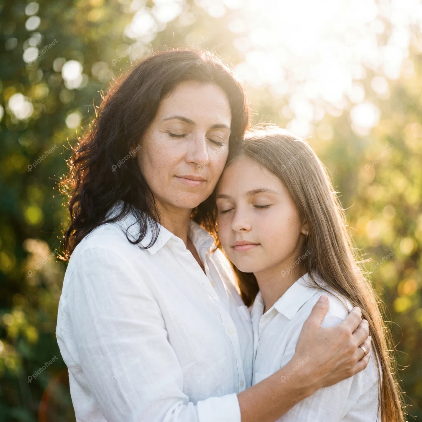 Mother and daughter embracing outdoors during golden hour
