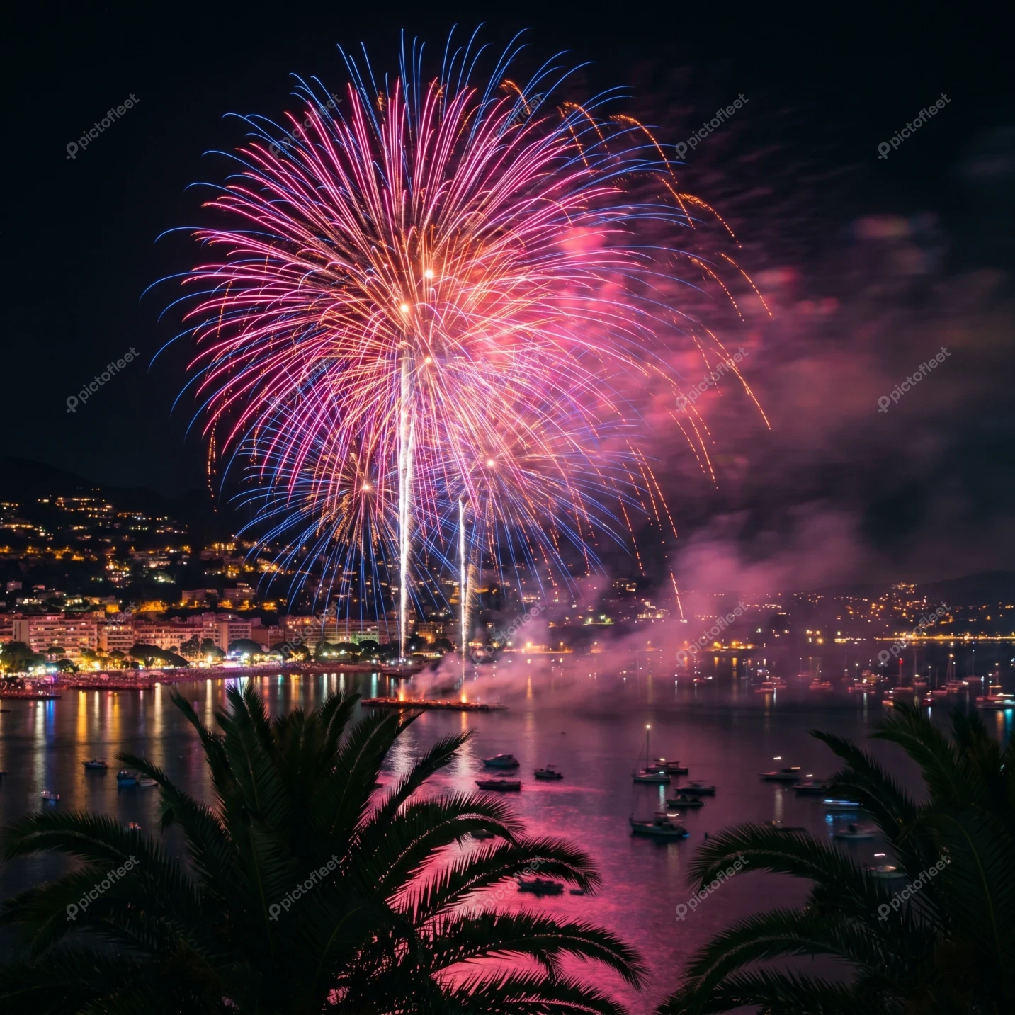 Vibrant fireworks display over a coastal harbor at night