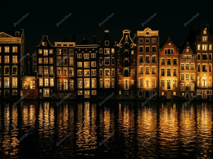 Historic Amsterdam canal houses lit up at night