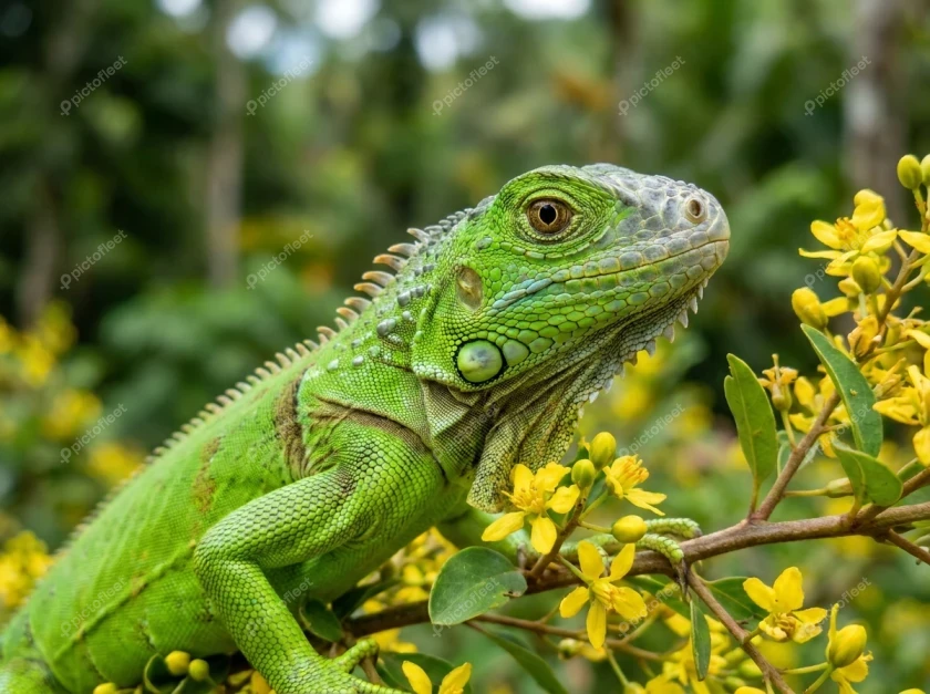 Vibrant green iguana resting on a yellow flowering shrub