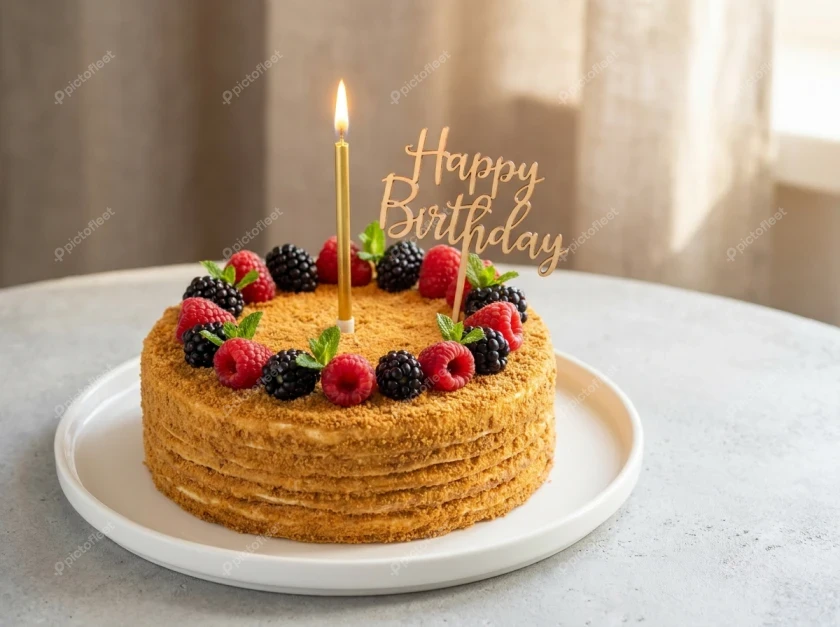 Honey birthday cake with fresh raspberries, blackberries, and lit candle