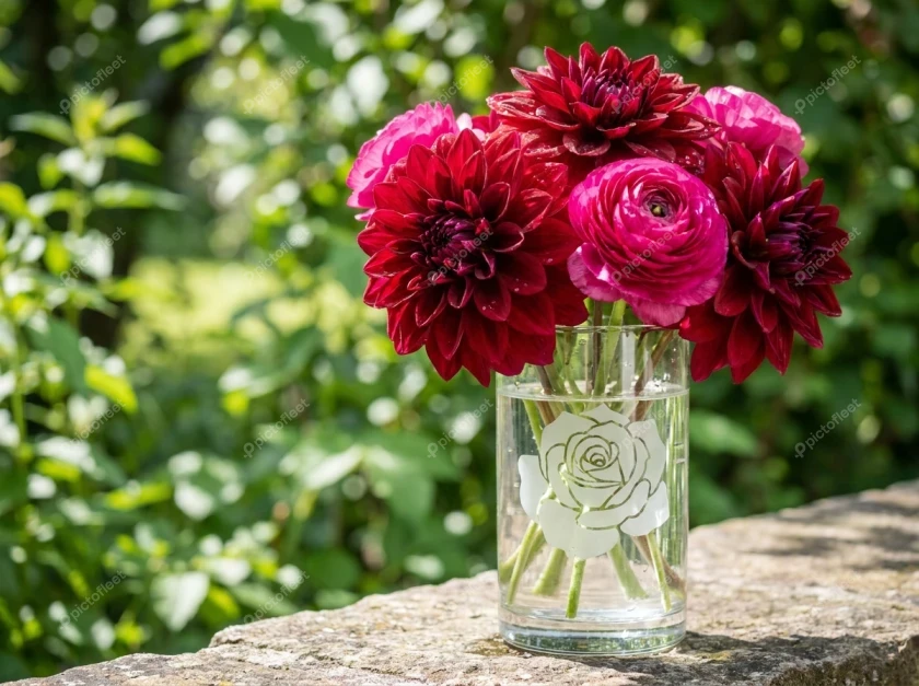 Red dahlias and magenta ranunculus in a glass vase