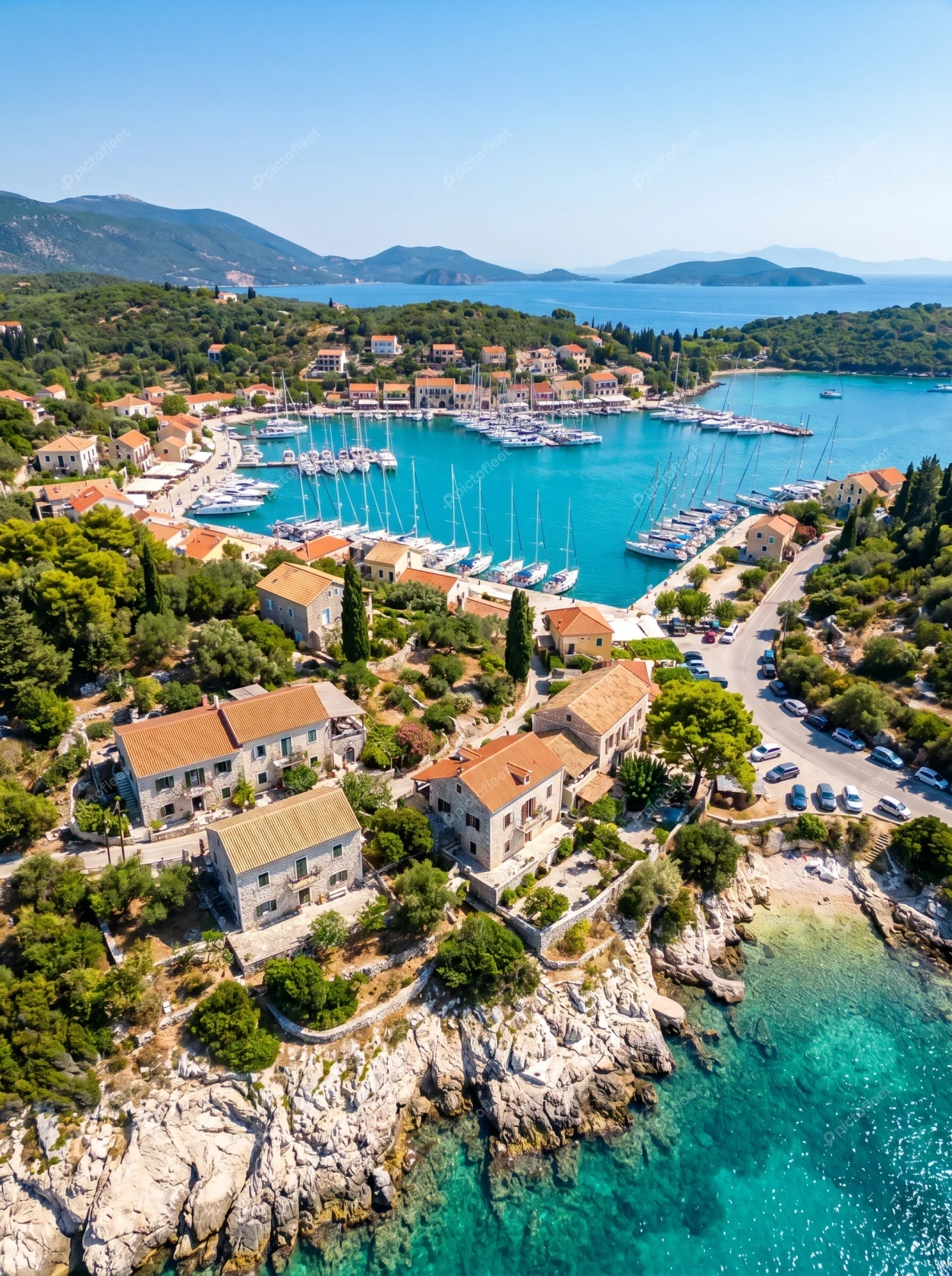Aerial view of Fiskardo harbor and village in Kefalonia