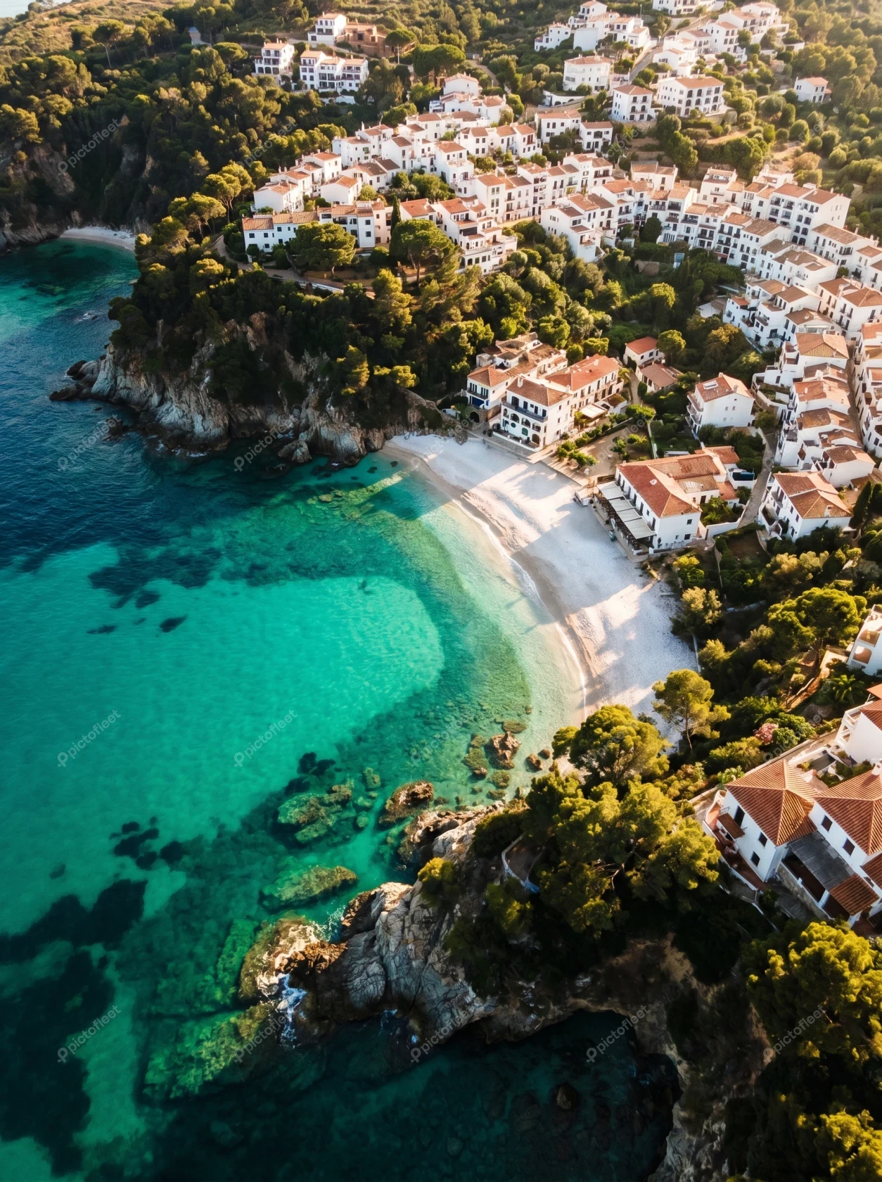 Aerial view of Mediterranean coastal village and turquoise bay