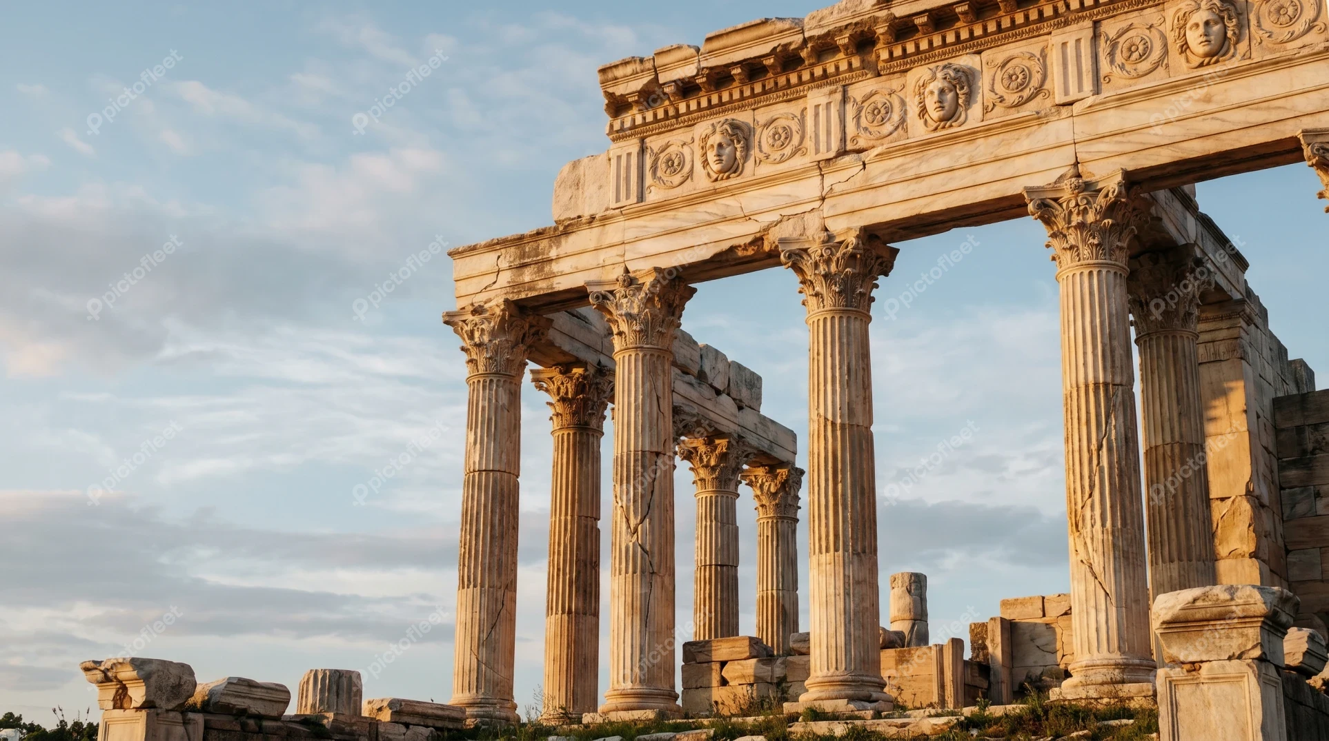 Ancient Corinthian columns of Roman ruins at golden hour