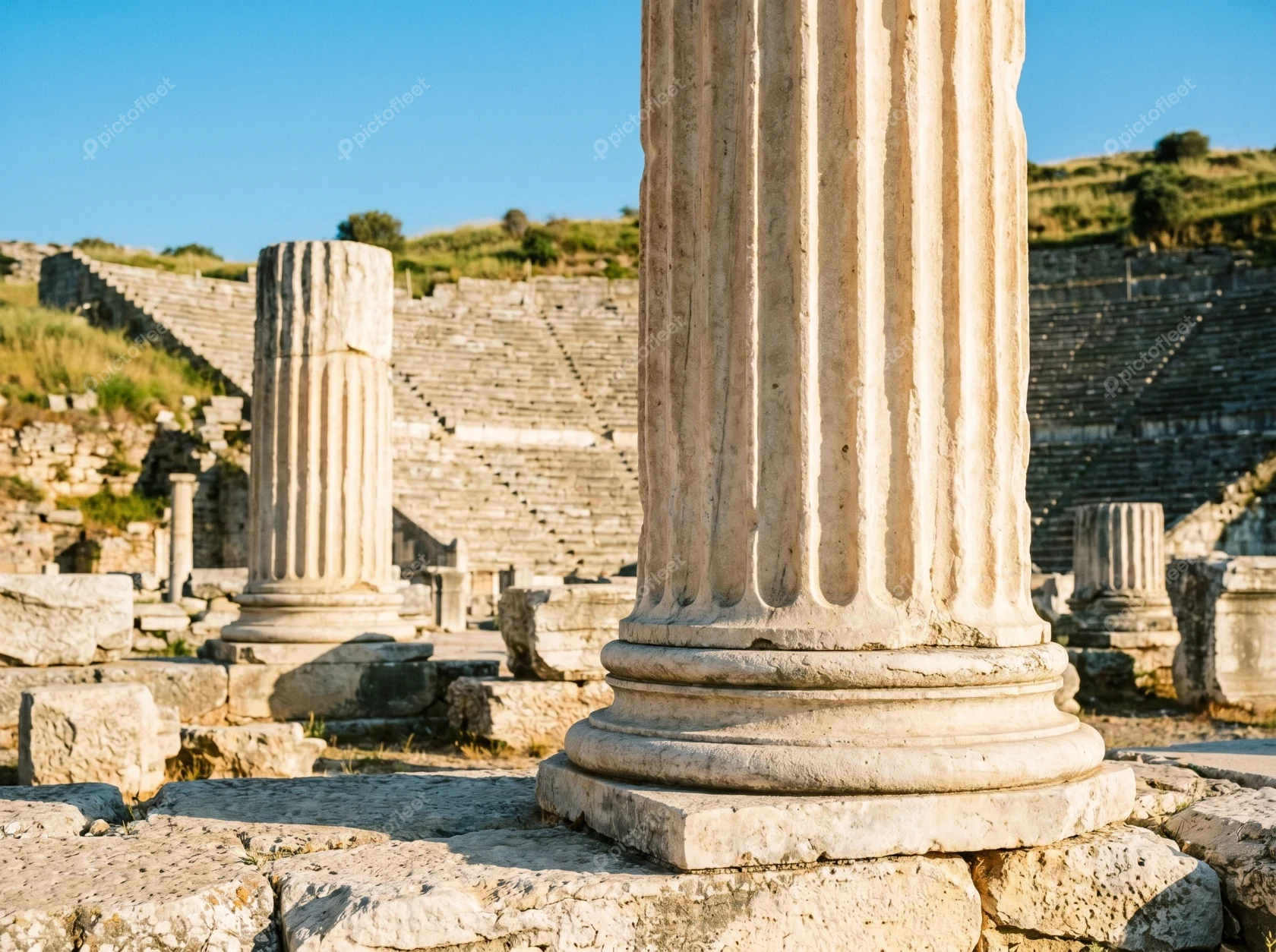 Ancient fluted stone columns at a historic archaeological site