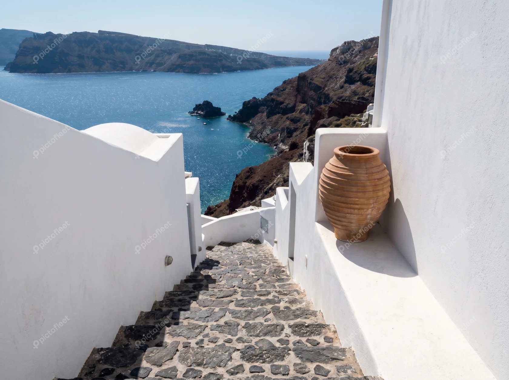 Scenic stone steps overlooking the Aegean Sea in Santorini